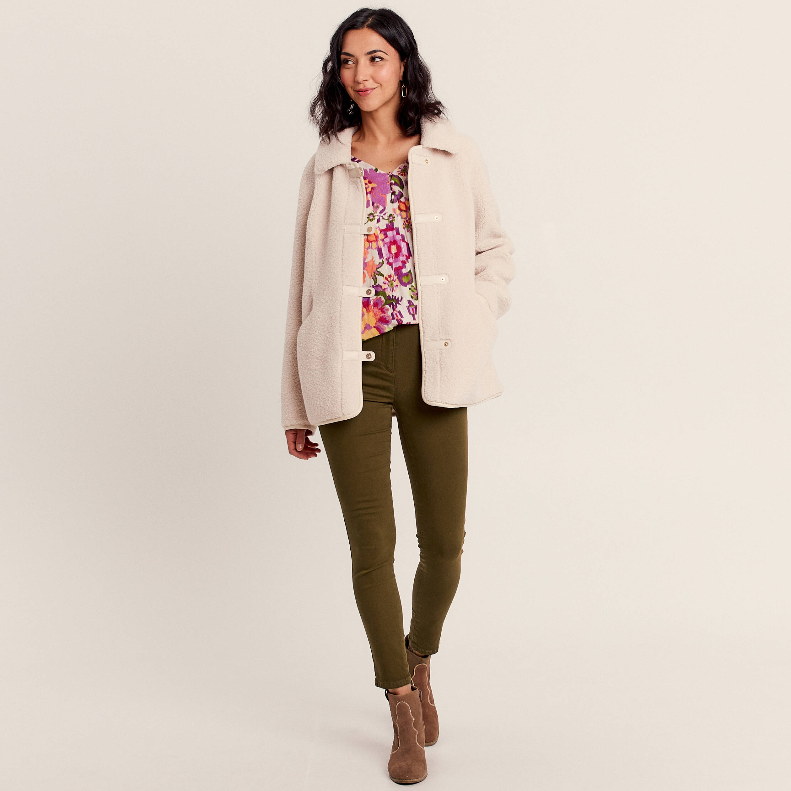 Manteau droit effet mouton ivoire femme