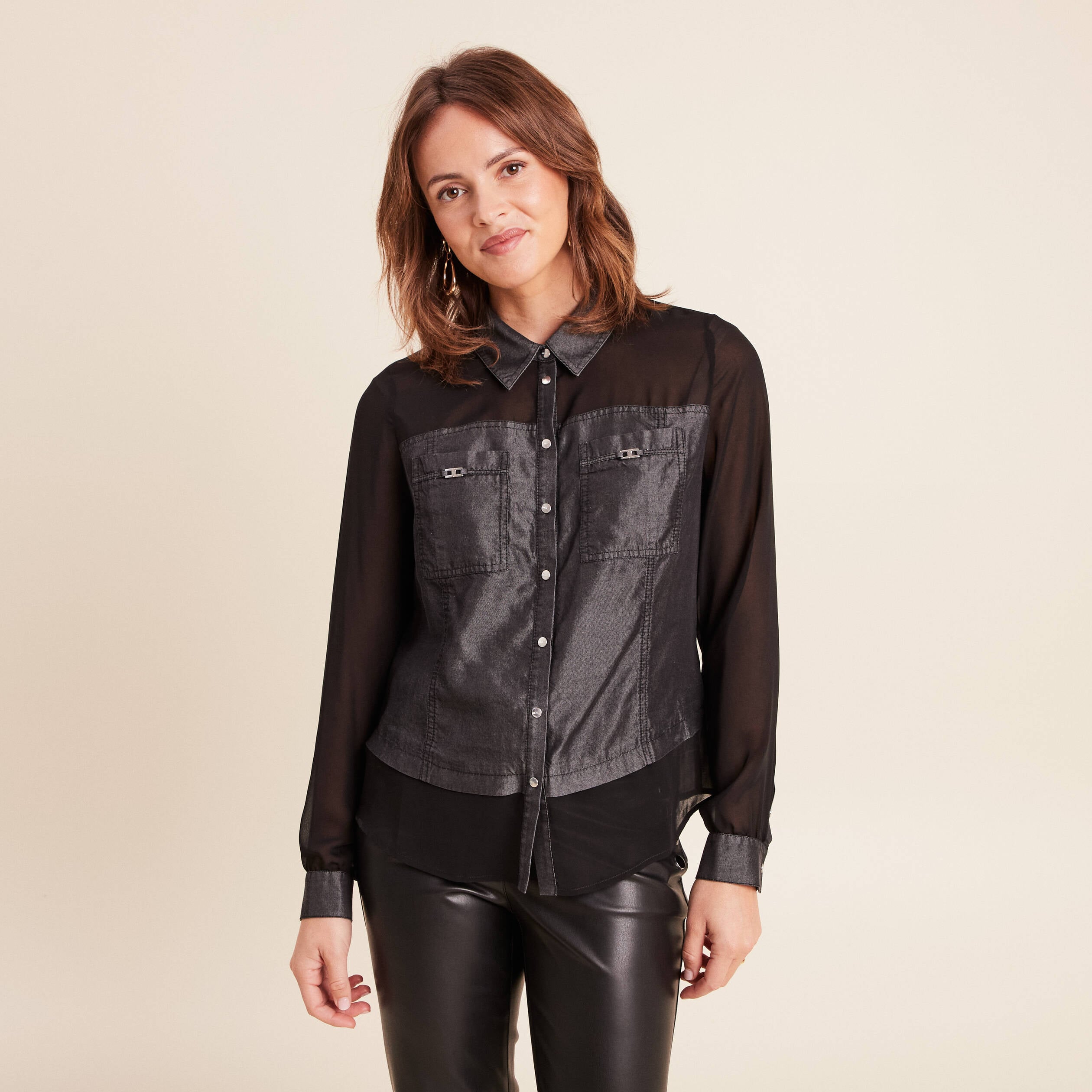 Chemise bi-mati&egrave;re manches longues denim gris femme