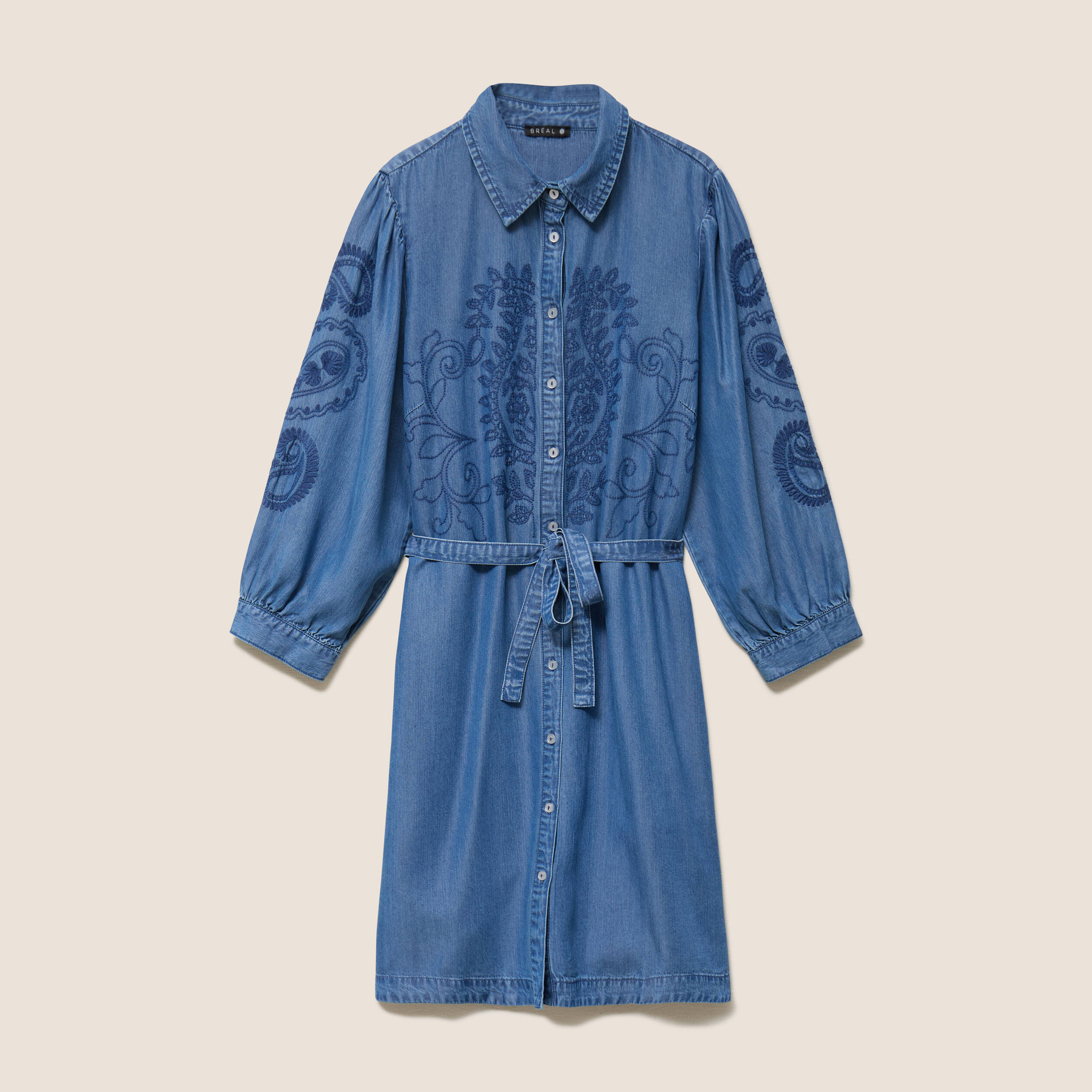 Robe courte &eacute;vas&eacute;e manches 3/4 brod&eacute;e denim double stone femme