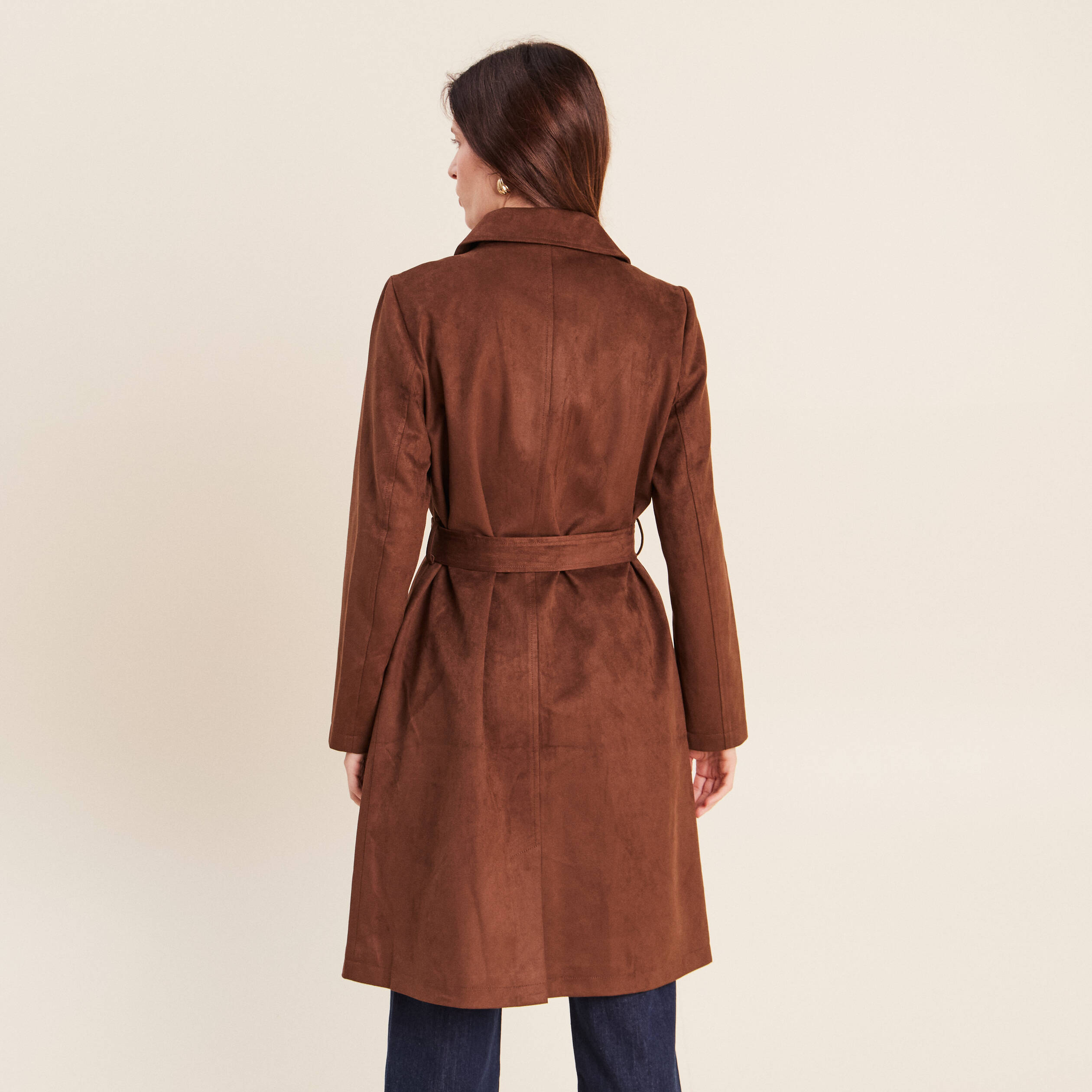 Trench cintr&eacute; long aspect daim marron femme