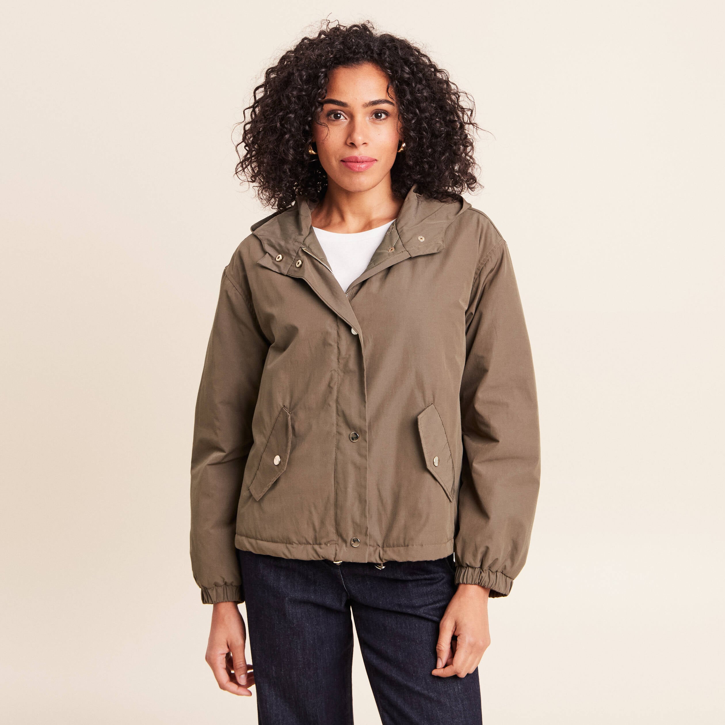 Parka &agrave; capuche doubl&eacute;e manches longues vert kaki femme