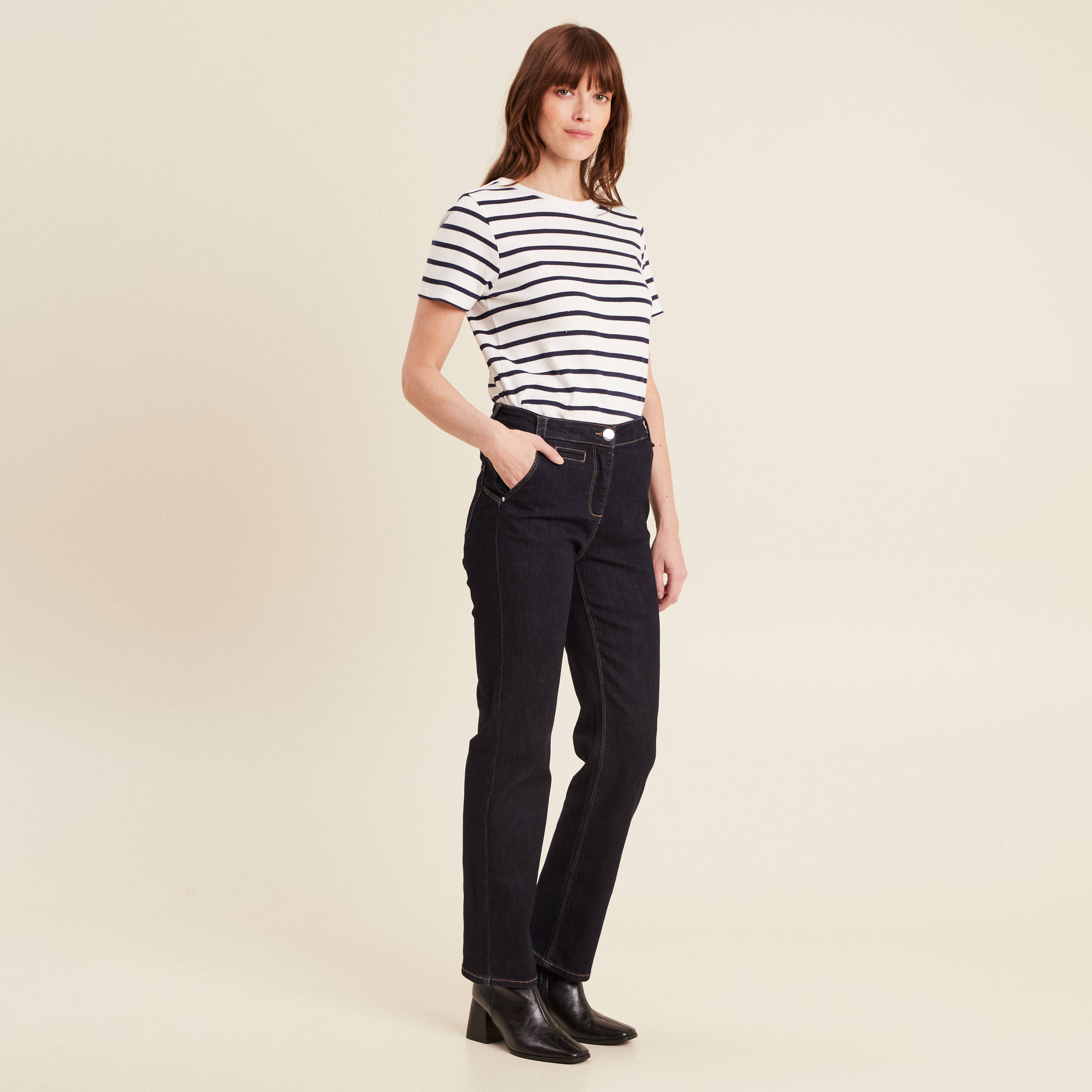 Jean droit taille haute long denim brut femme