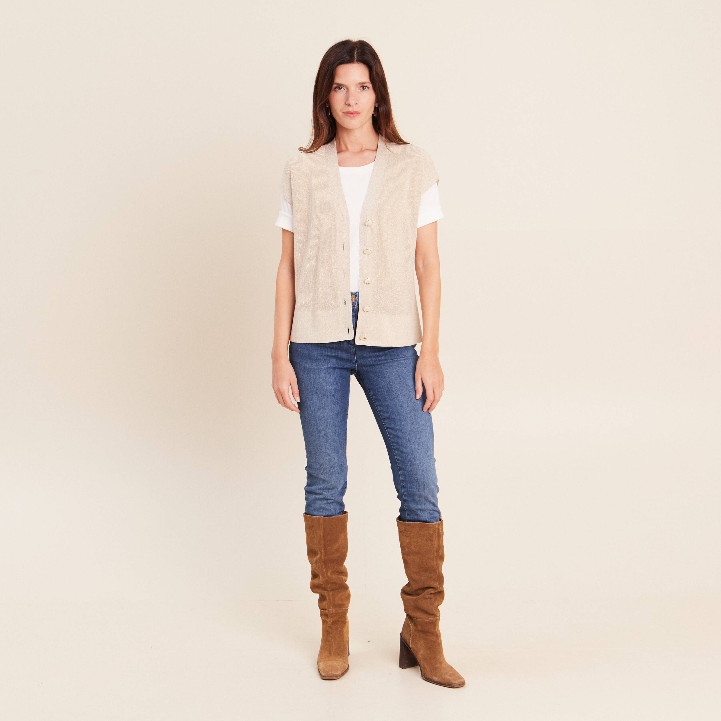 Gilet col v couleur or femme