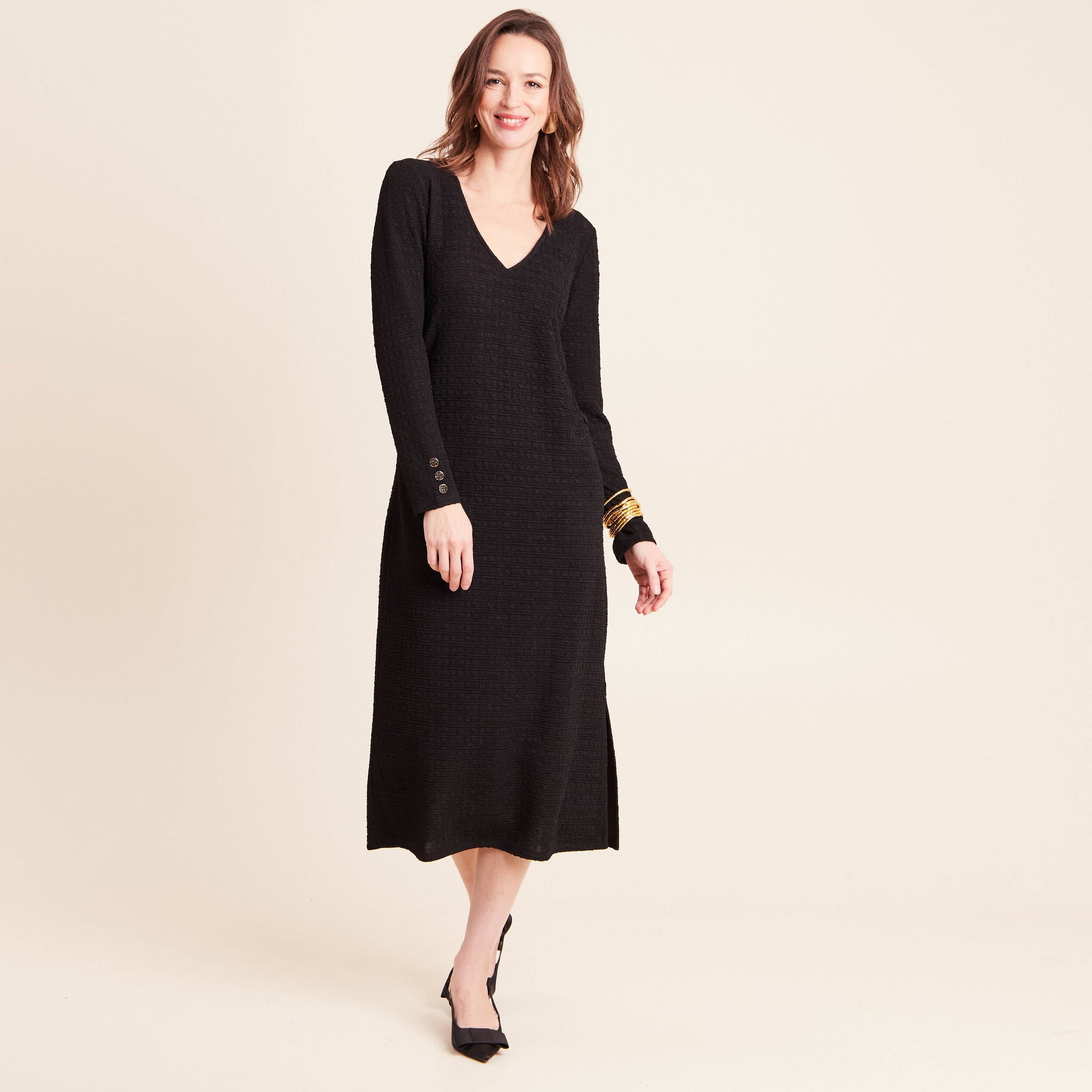 Robe col v manches longues noir femme