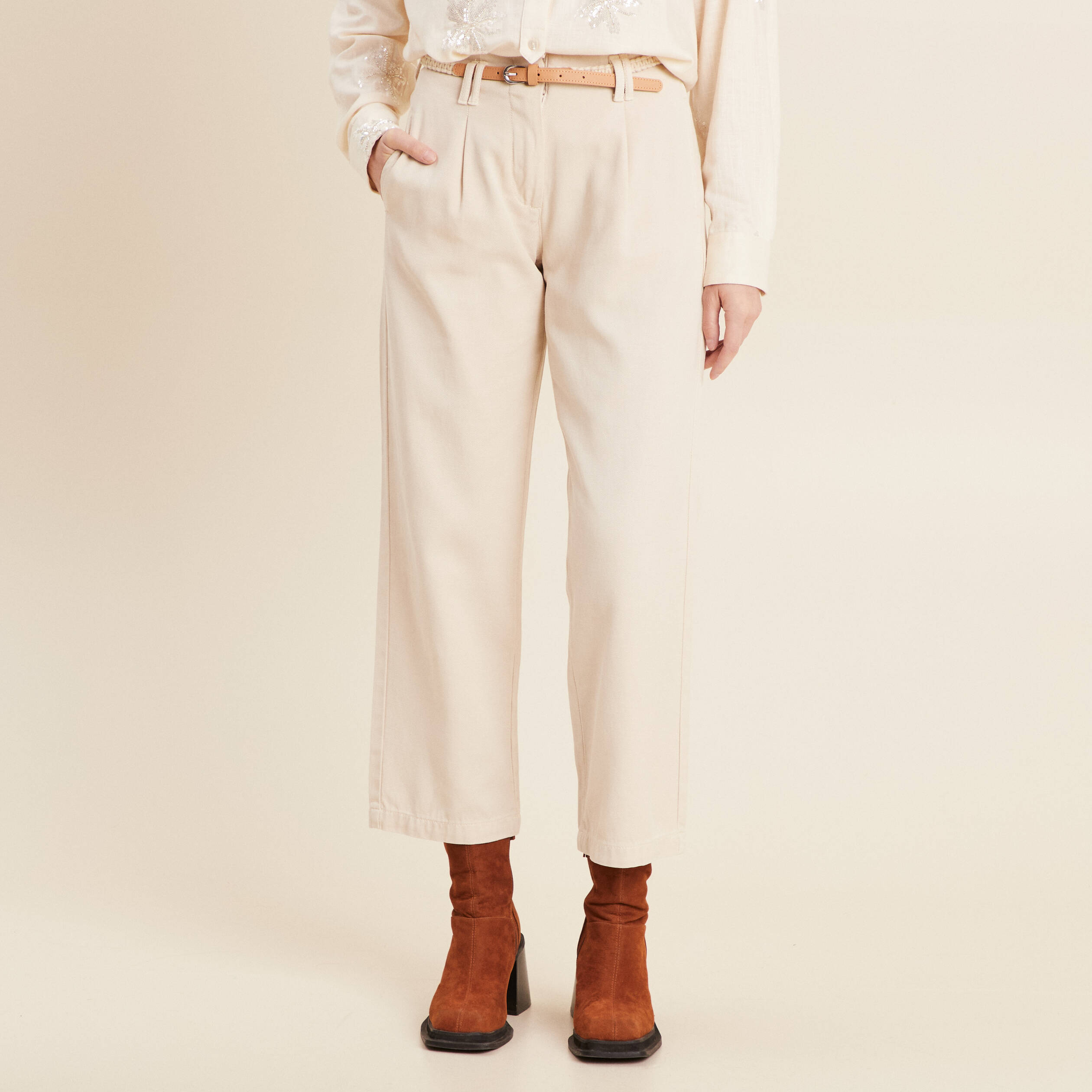 pantalon large 78eme a pinces ivoire femme Pantalon large 7/8ème à pinces ivoire femme