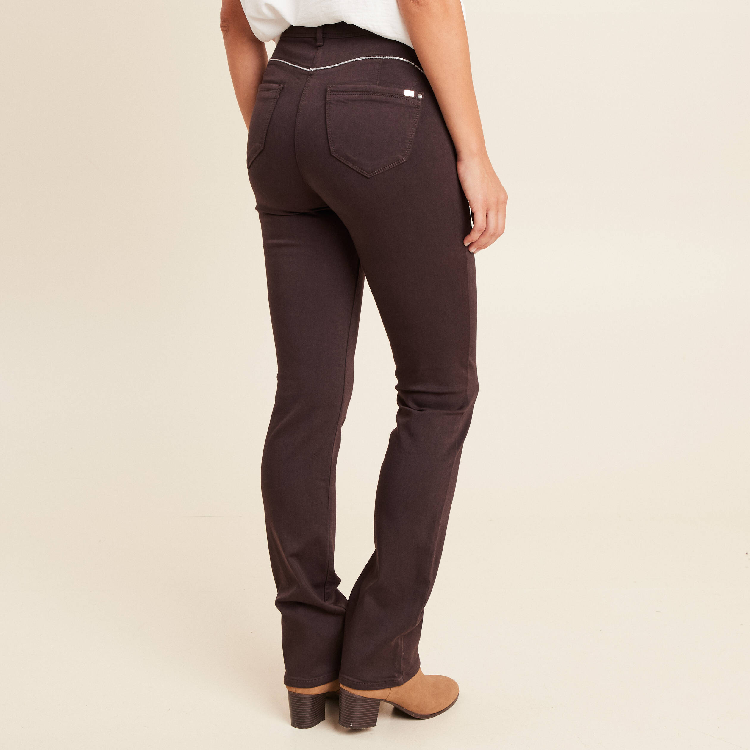 Pantalon droit taille haute marron fonc&eacute; femme