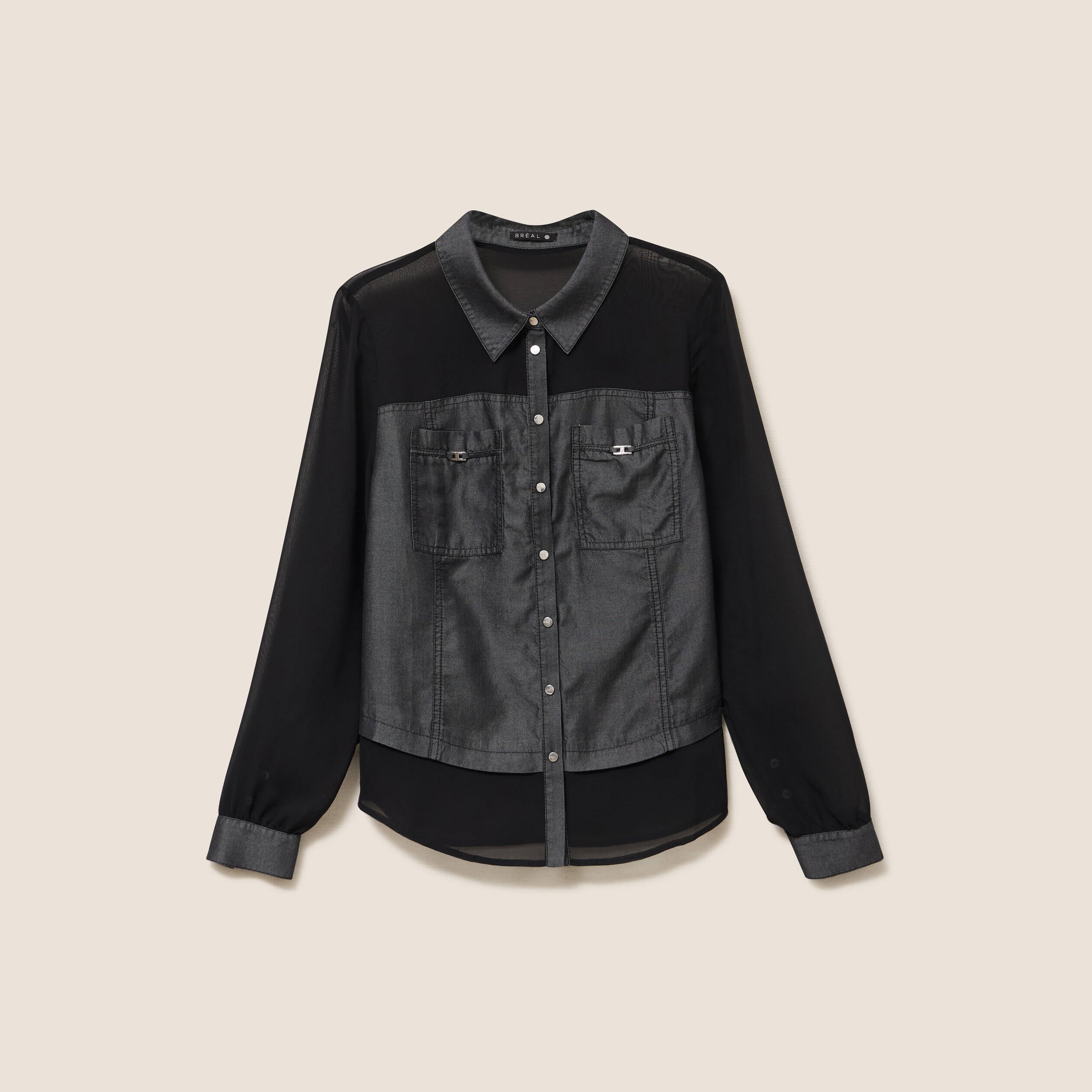 Chemise bi-mati&egrave;re manches longues denim gris femme