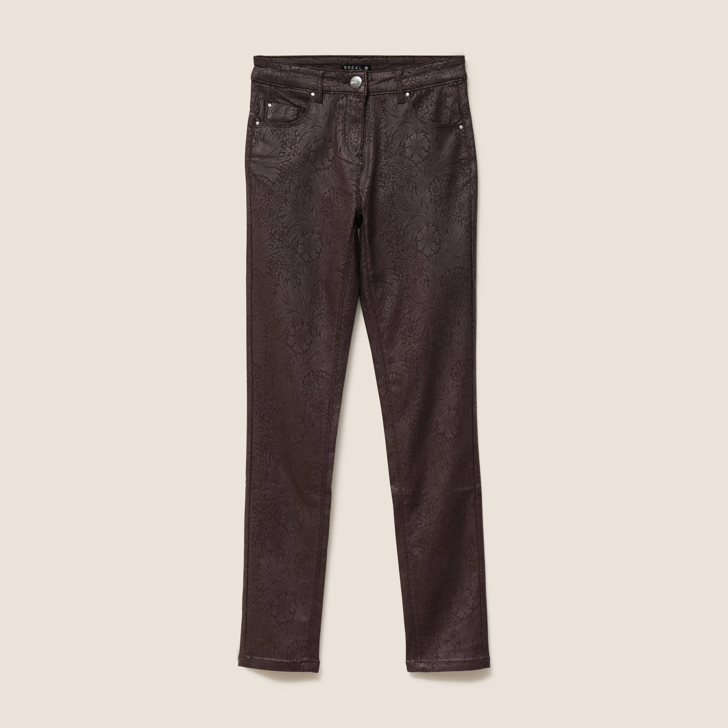Pantalon coupe ajust&eacute;e enduit marron femme