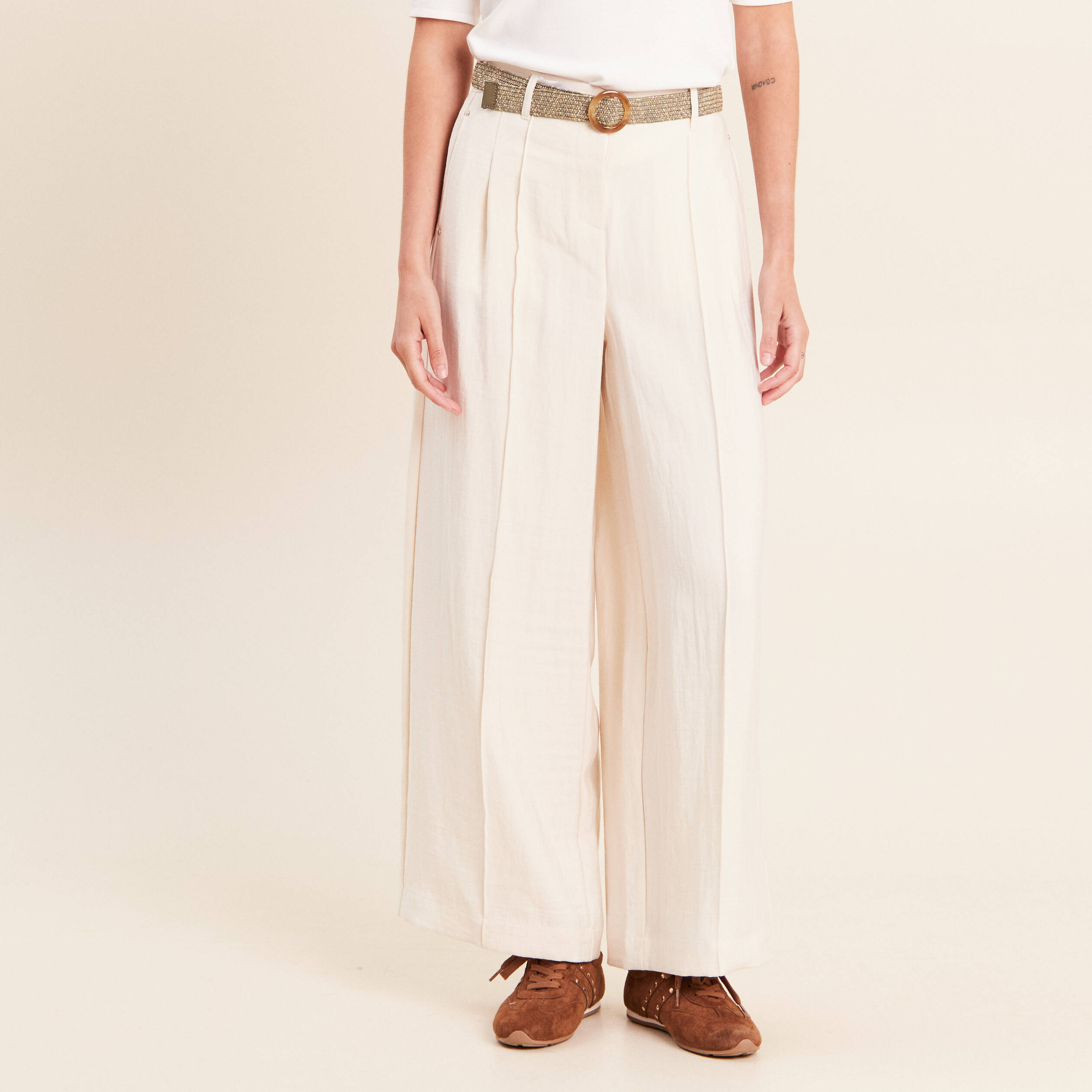 Pantalon large avec ceinture amovible ivoire femme