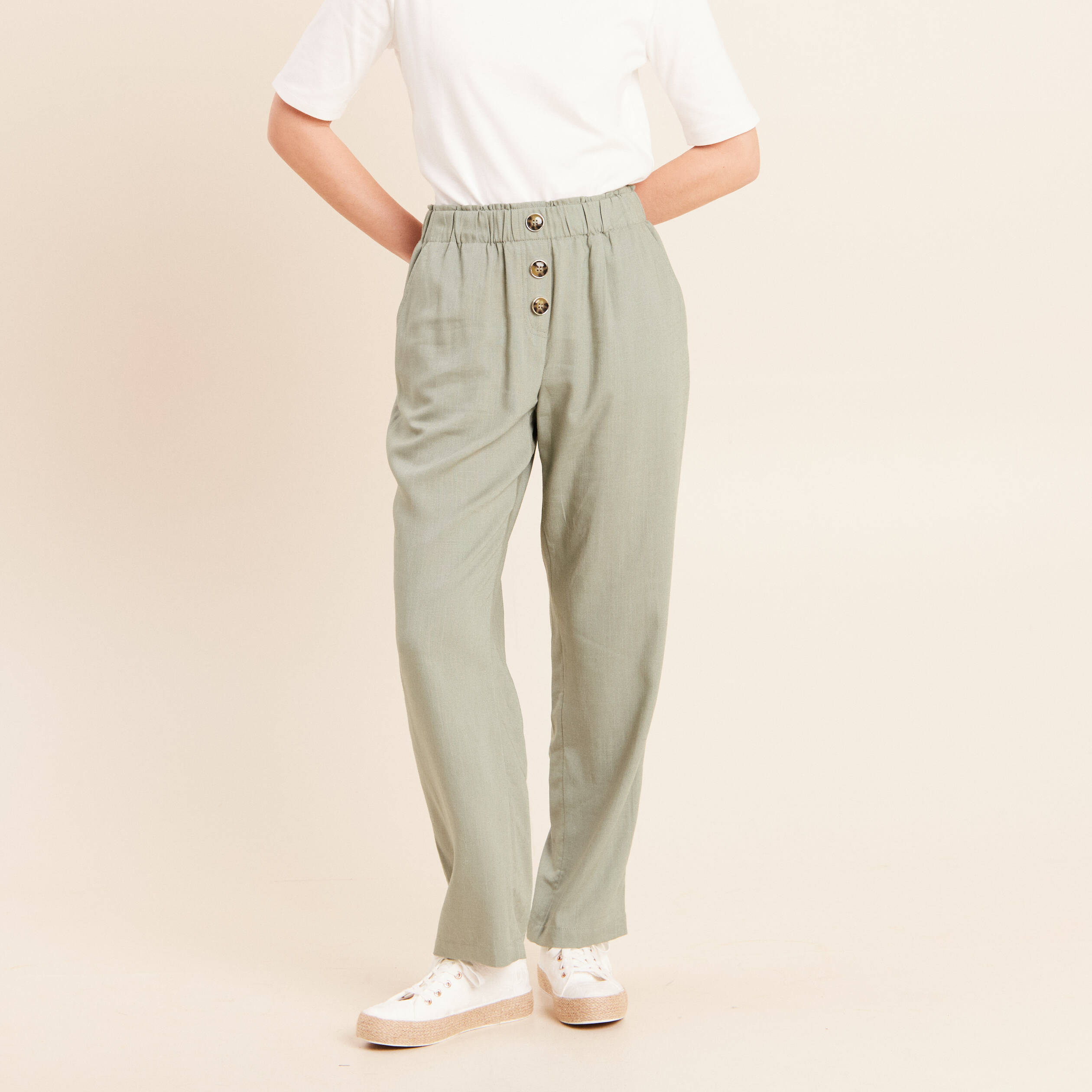 Pantalon large taille haute vert clair femme