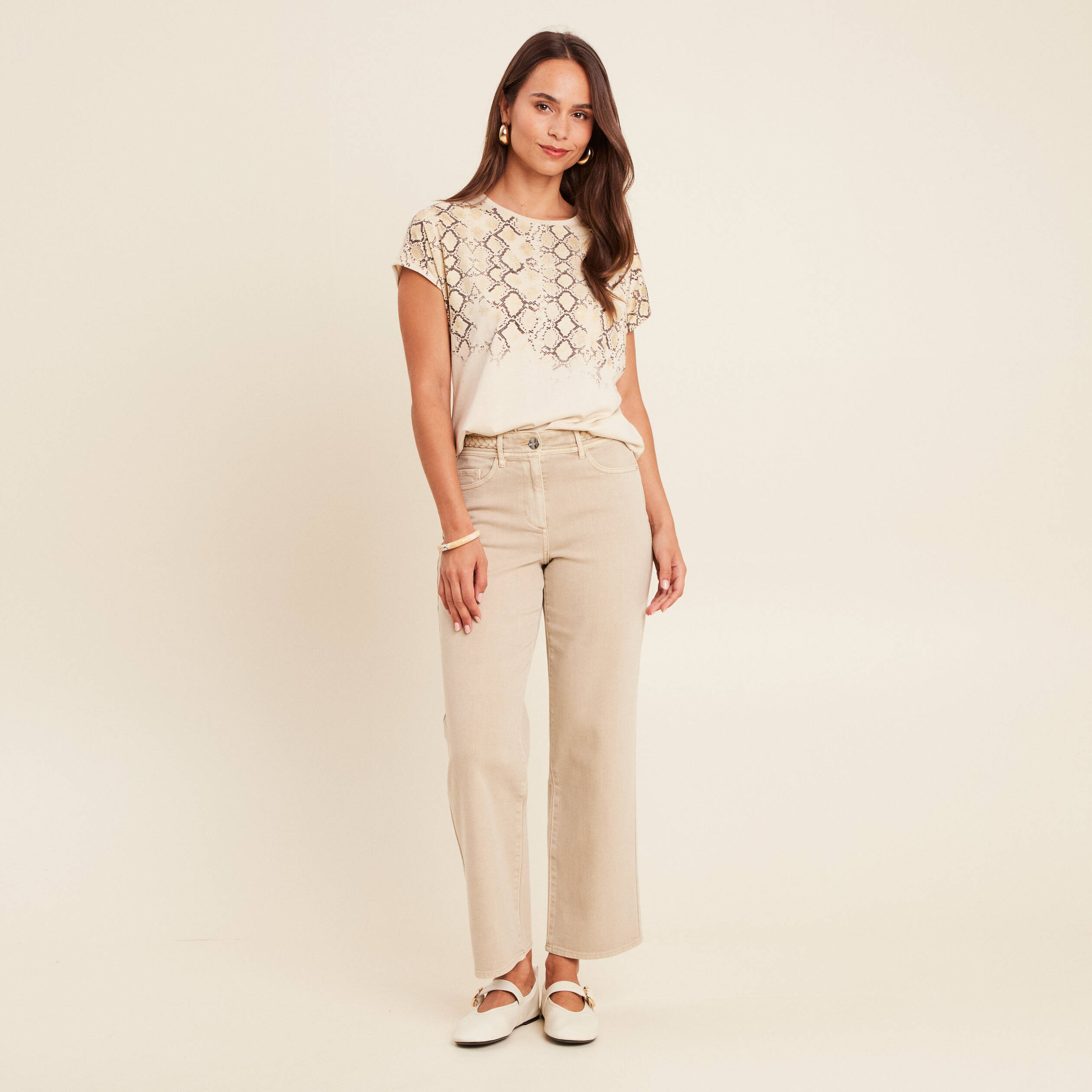 Jean coupe large 7/8&egrave;me taille haute denim beige femme