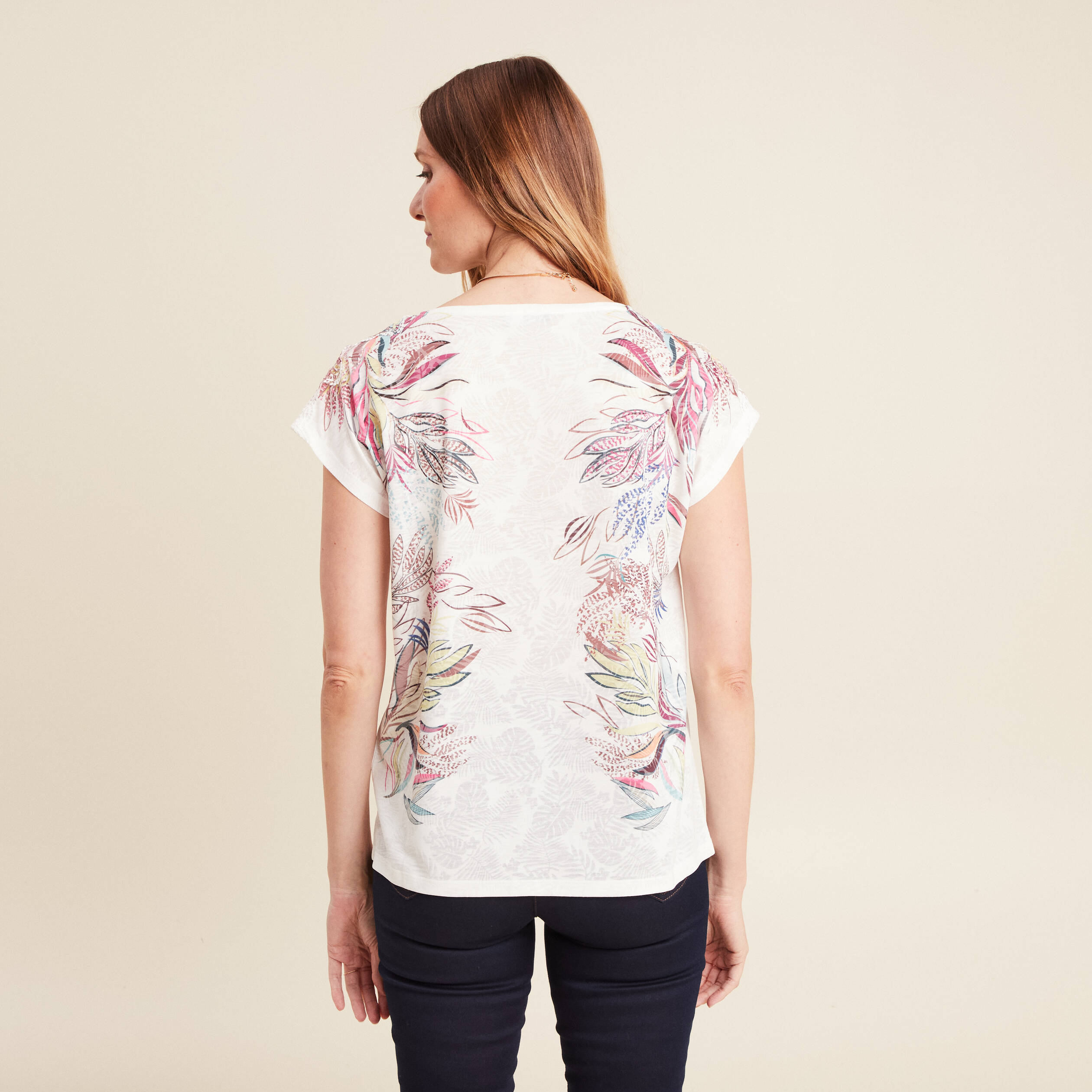 t shirt col rond manches courtes ecru femme T-shirt col rond manches courtes ecru femme