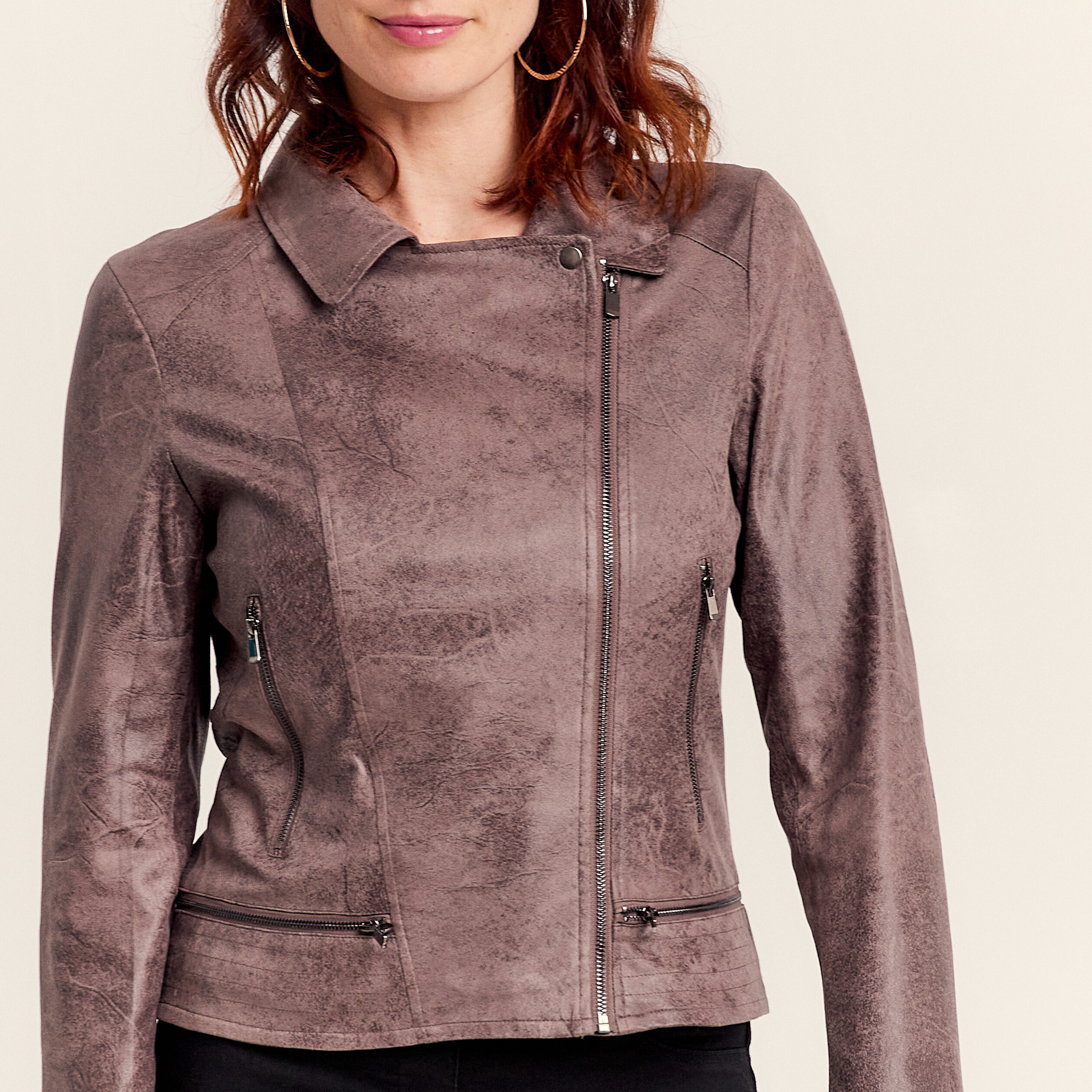 Veste esprit motard zippée taupe femme