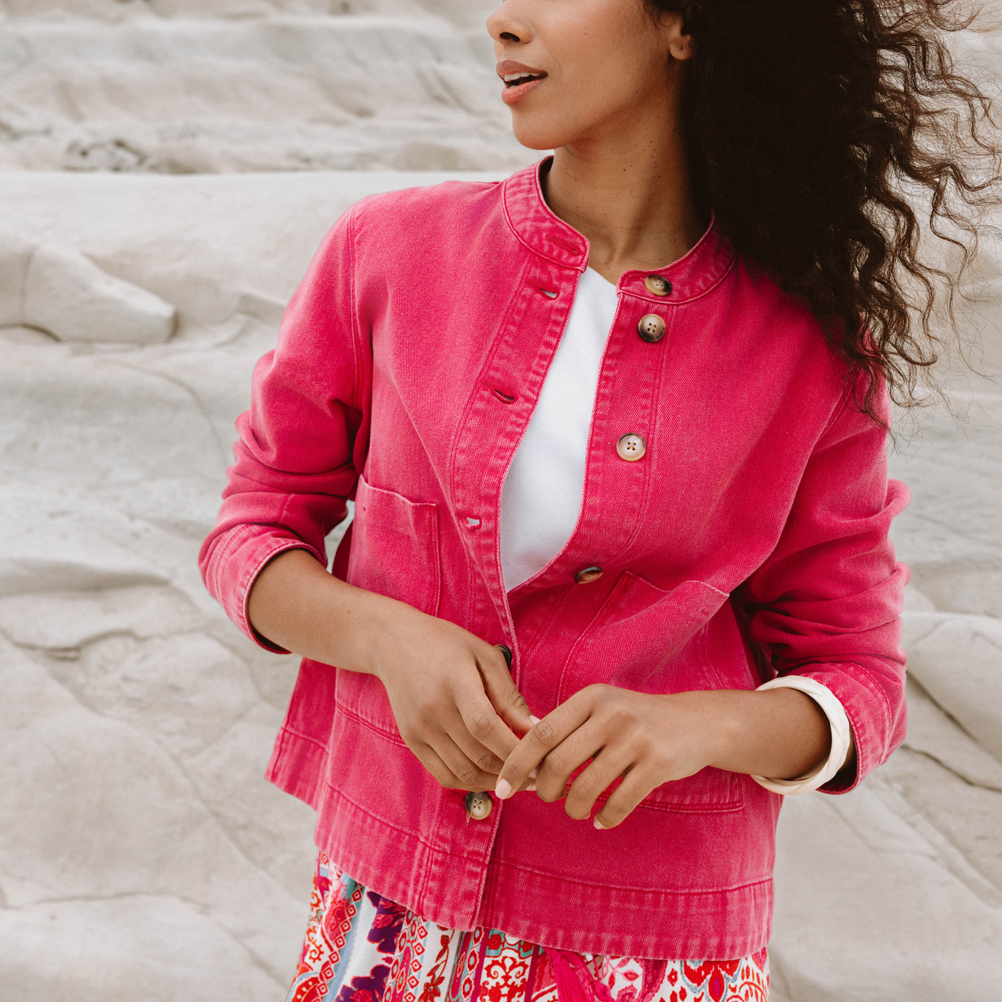Veste ample courte en jean rose fushia femme