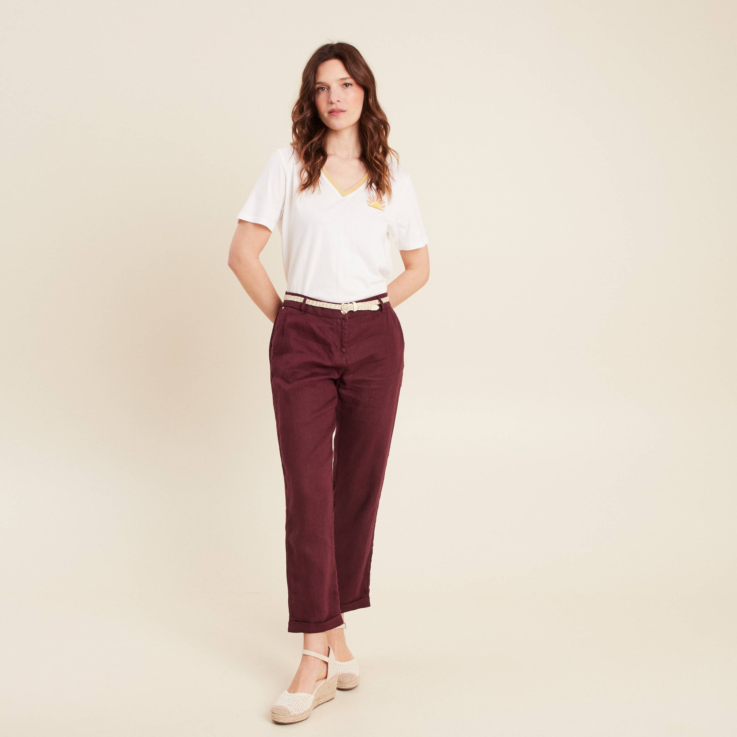 pantalon flou ceinture prune femme Pantalon flou ceinturé prune femme