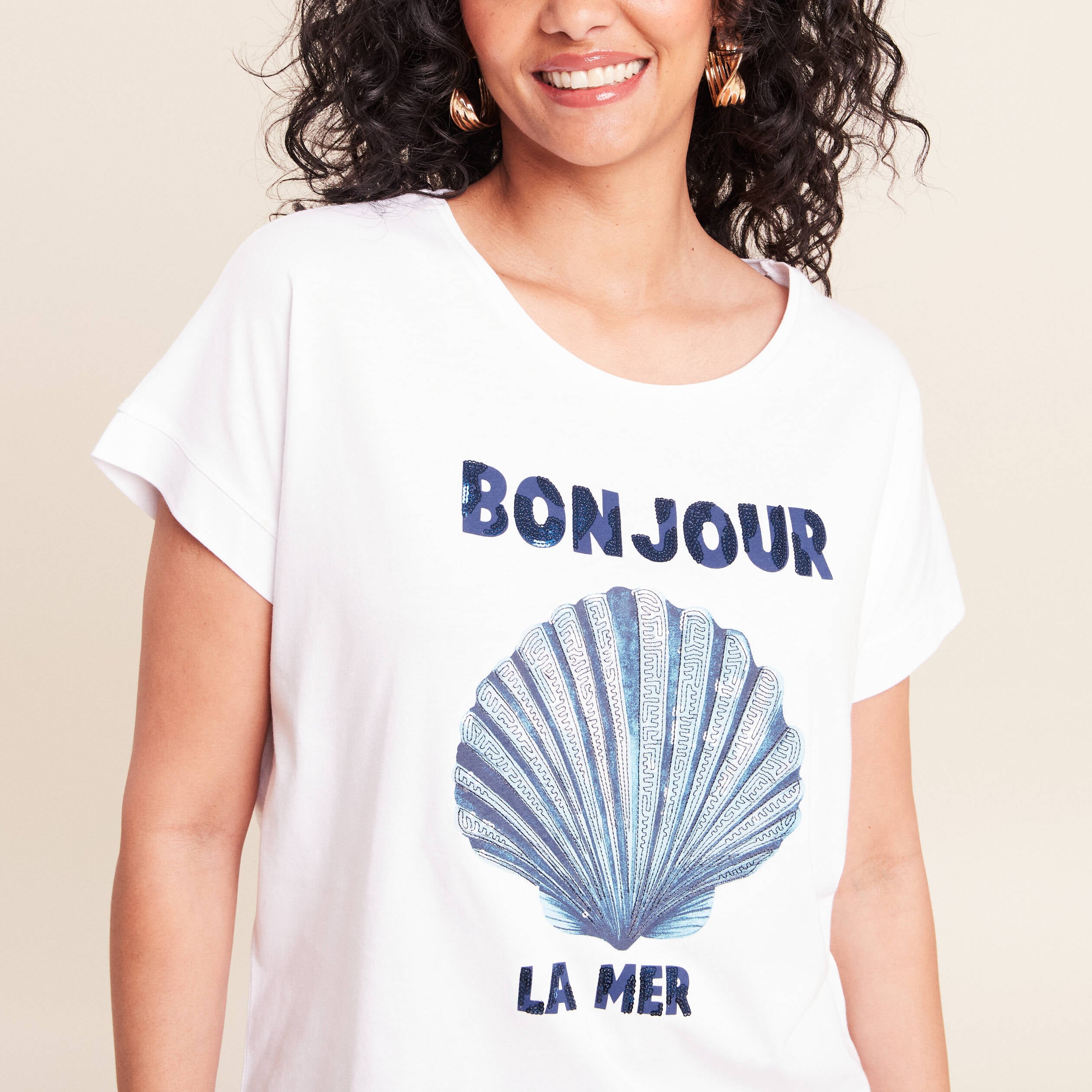 T-shirt col rond manches courtes brod&eacute; blanc femme