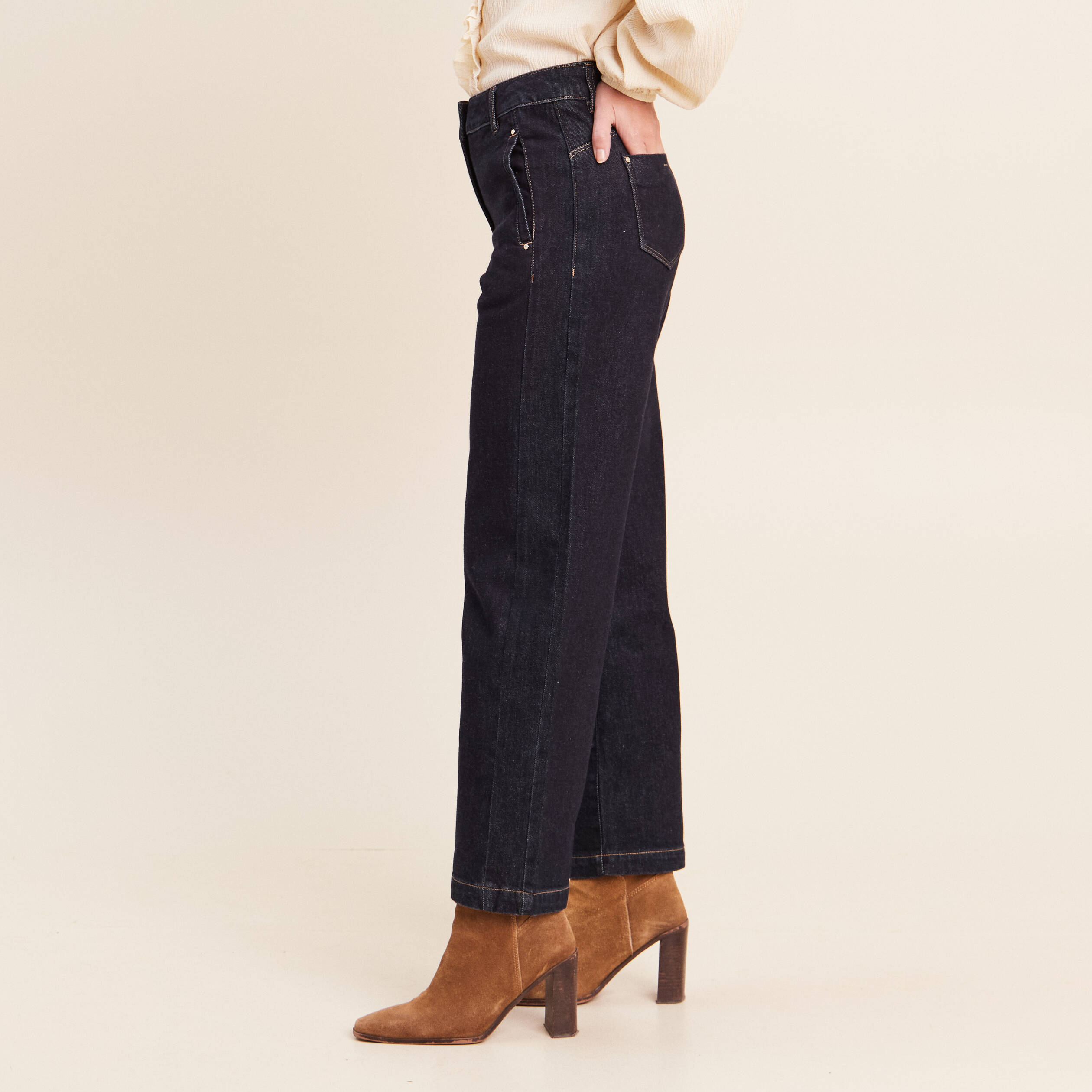 Jean droit taille haute 7/8&egrave;me denim brut femme