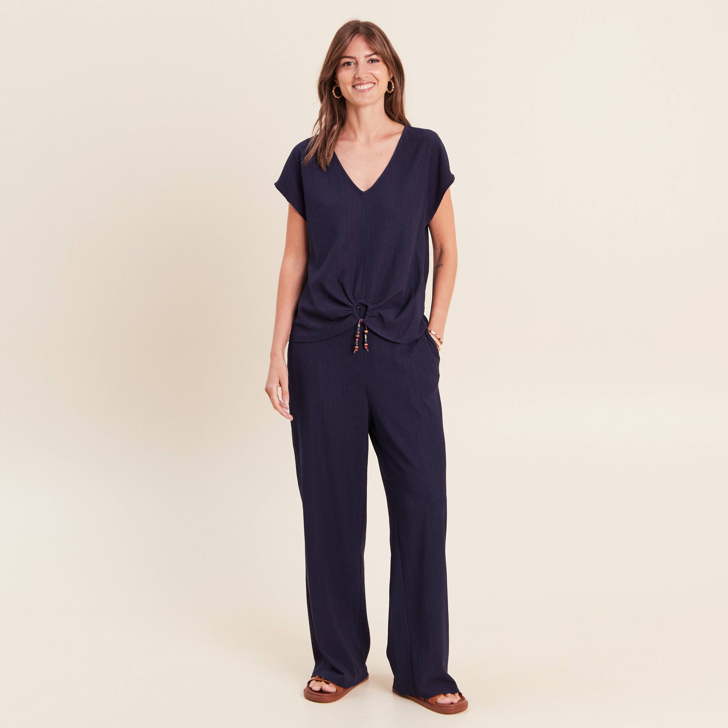 Pantalon large taille haute fluide bleu marine femme