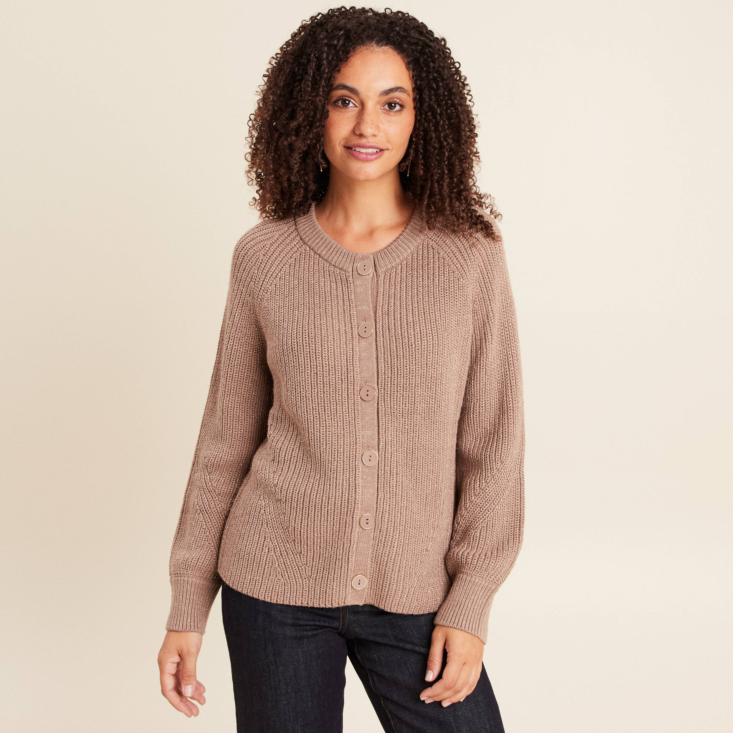 gilet droit mi long col rond taupe femme Gilet droit mi-long col rond taupe femme