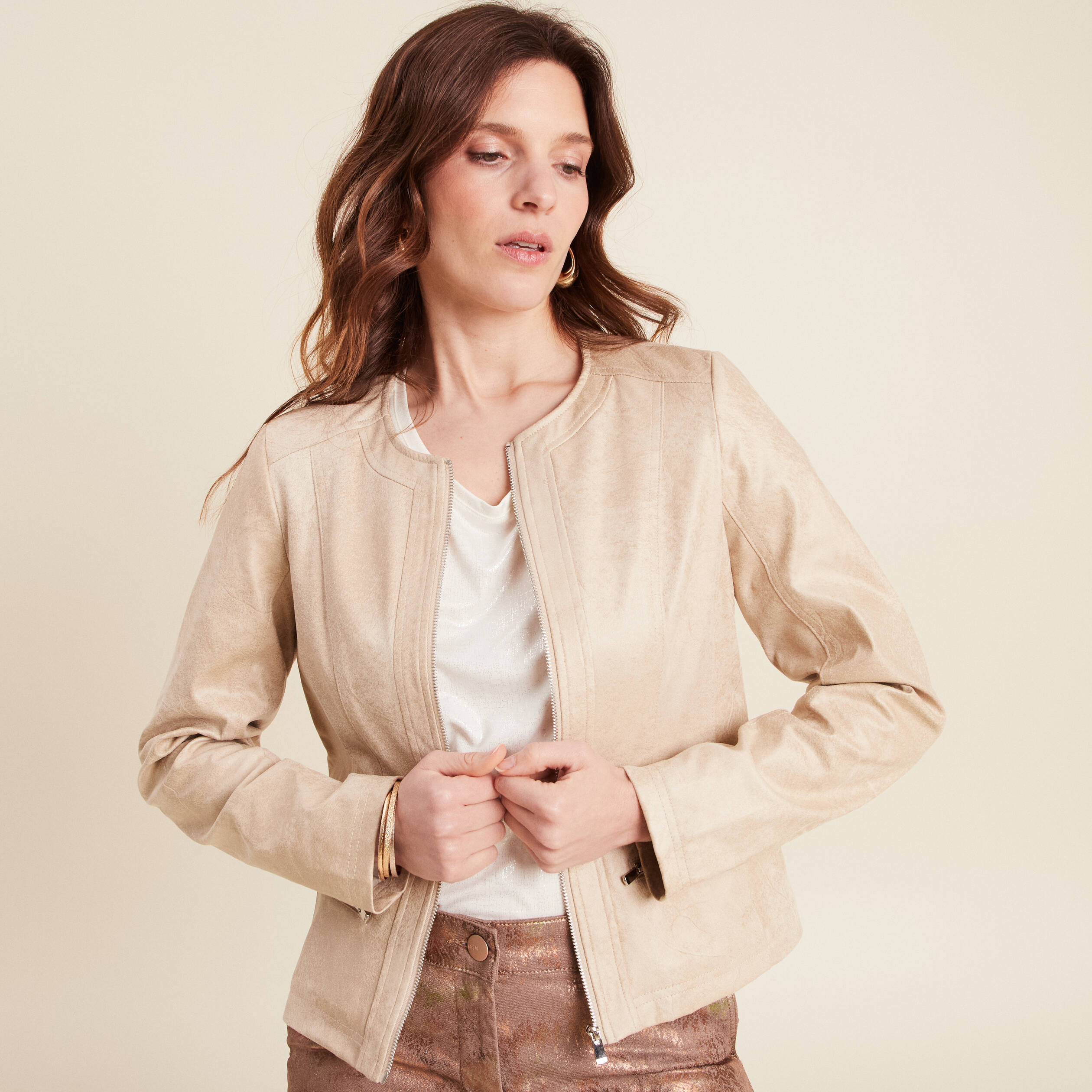 veste suedine zippee beige femme Veste suédine zippée beige femme