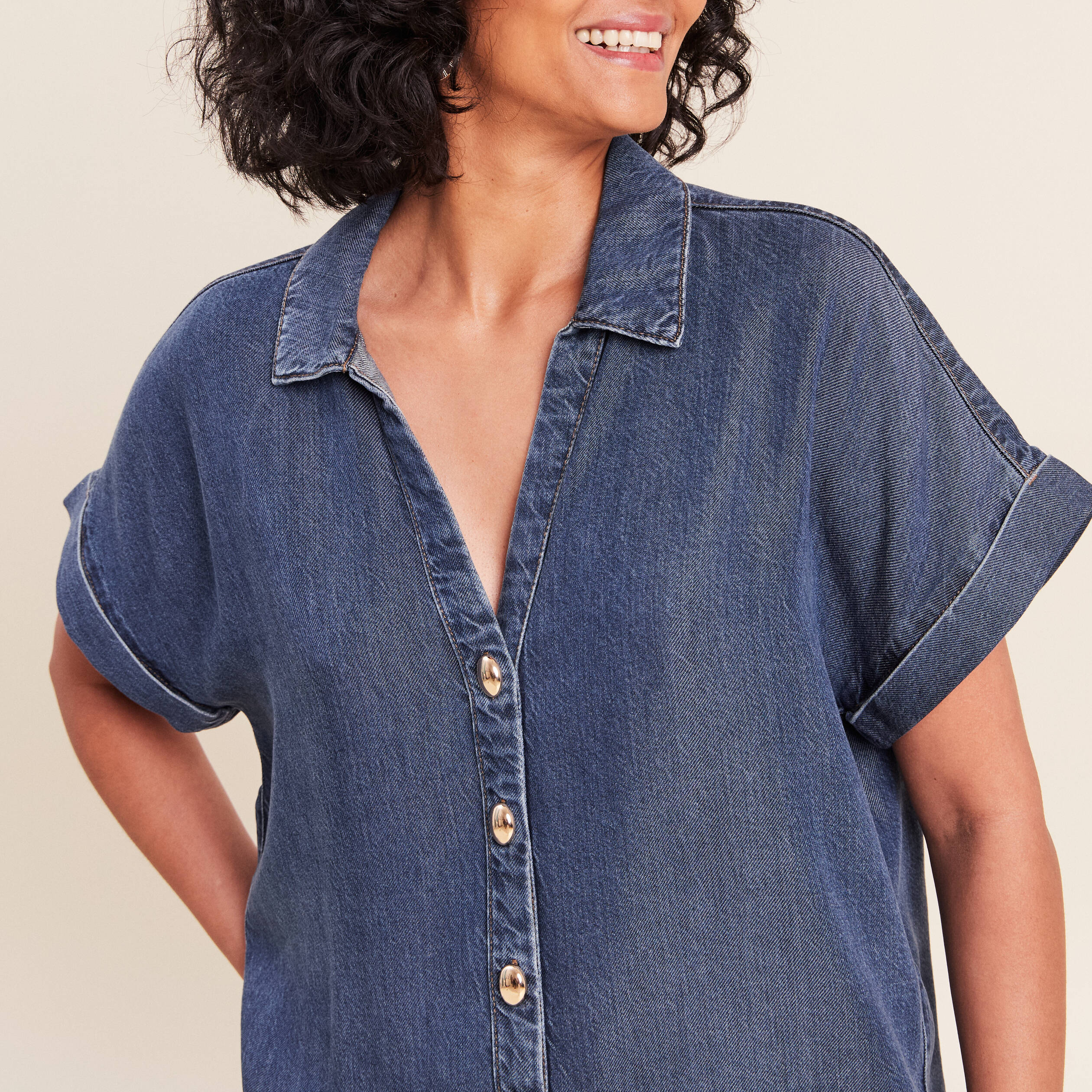 Chemise col chemise manches courtes denim double stone femme