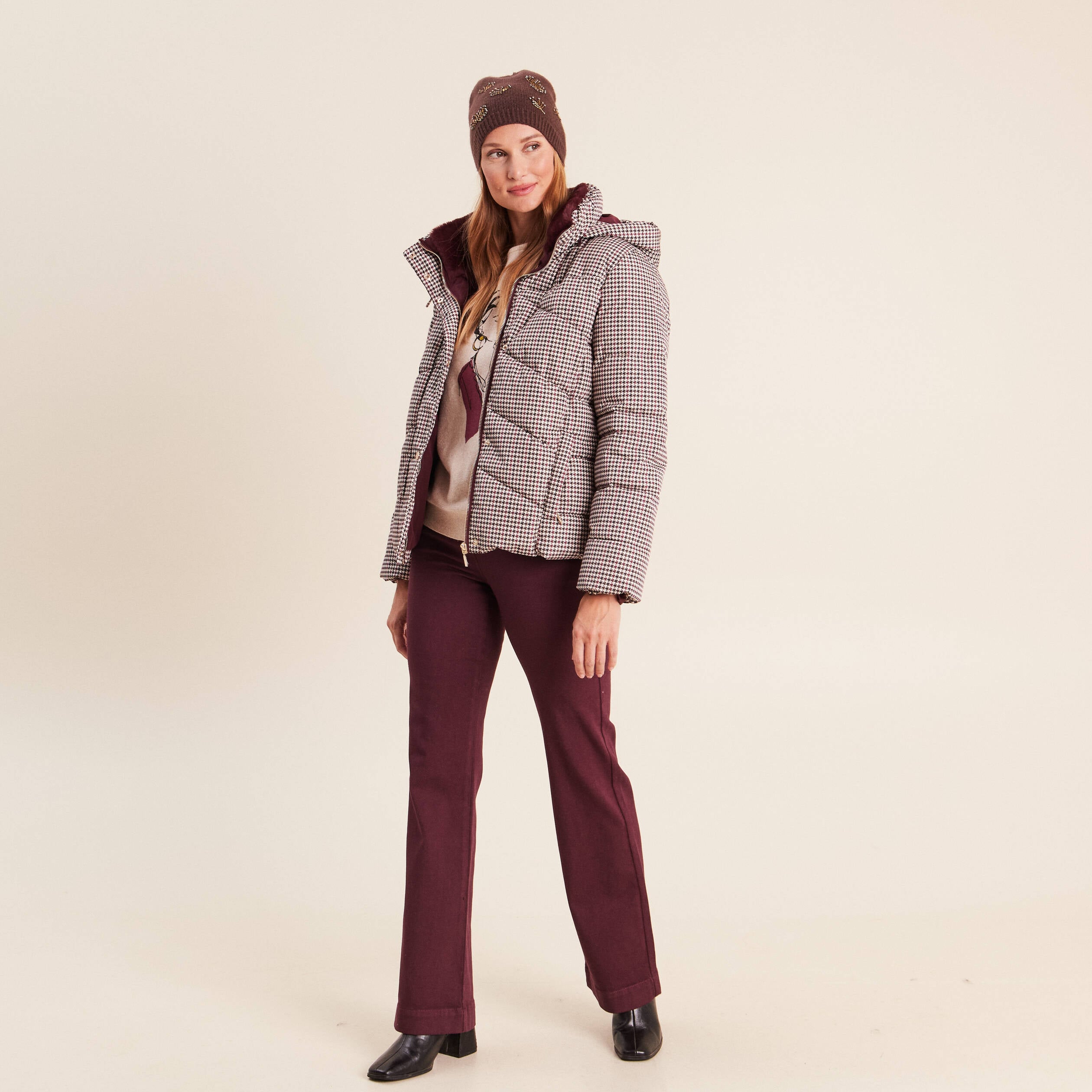 Pantalon coupe bootcut &agrave; pont prune femme
