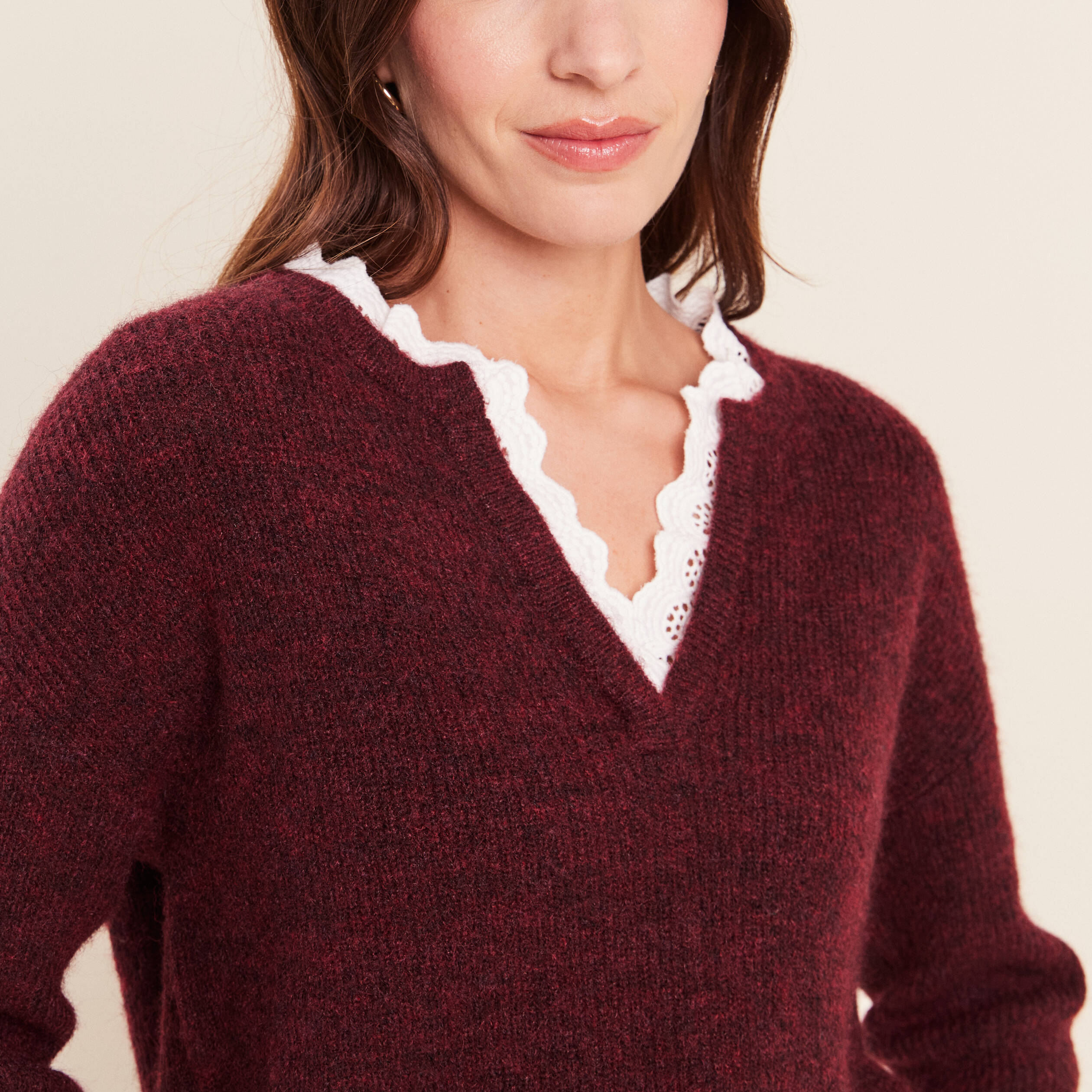 Pull bi-mati&egrave;re col tunisien bordeaux femme