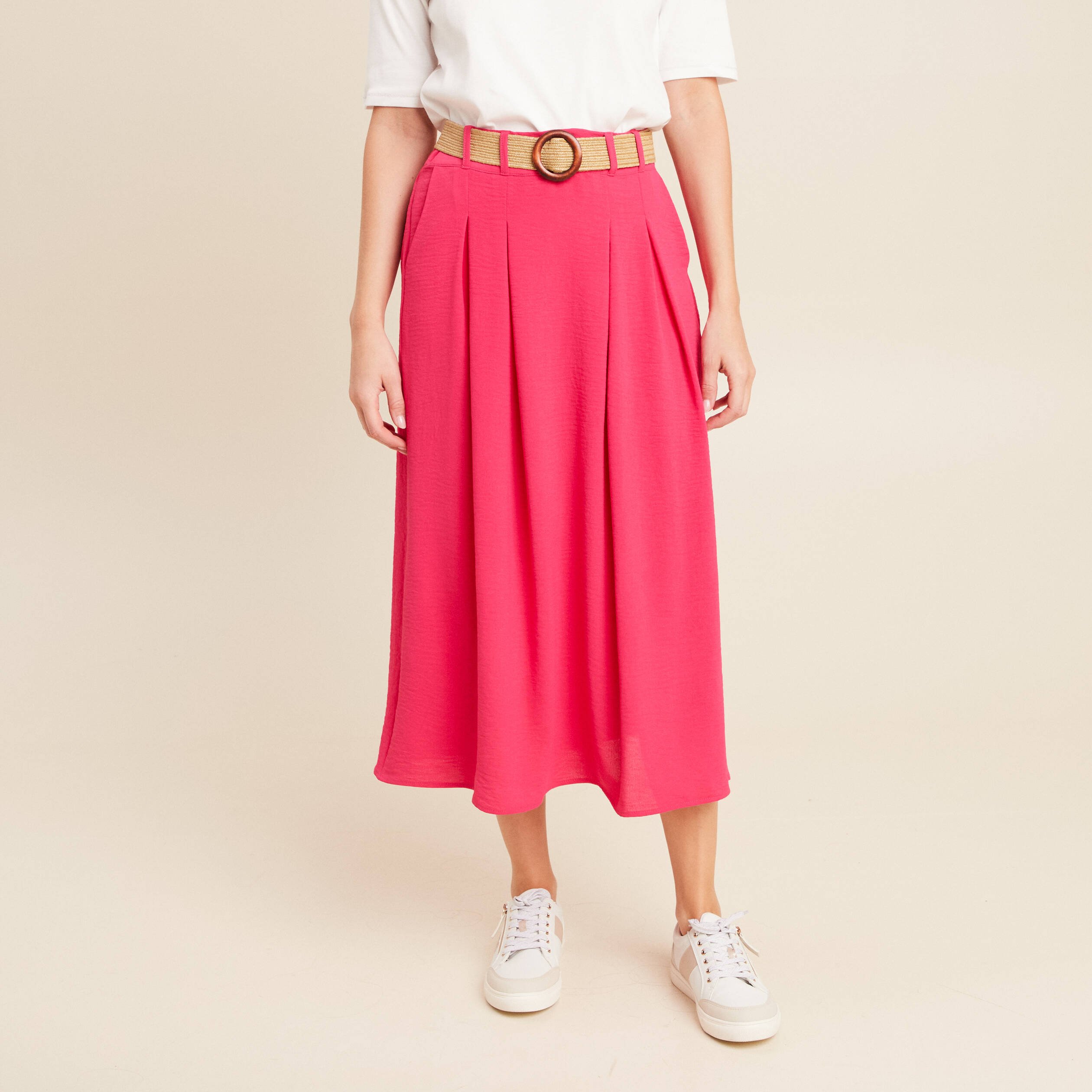 jupe longue evasee ceinturee rouge corail femme Jupe longue évasée ceinturée rouge corail femme