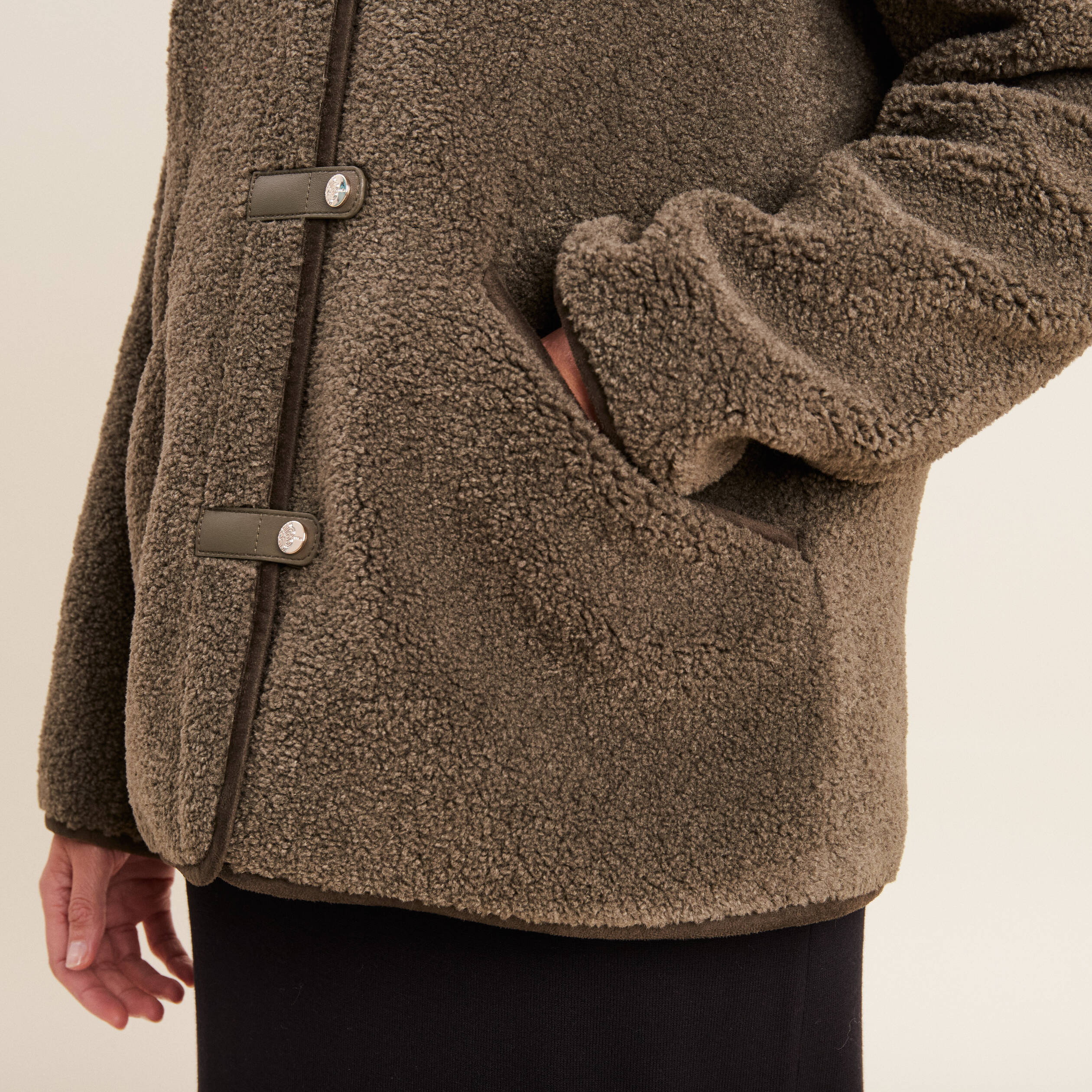 Manteau droit effet mouton vert kaki femme