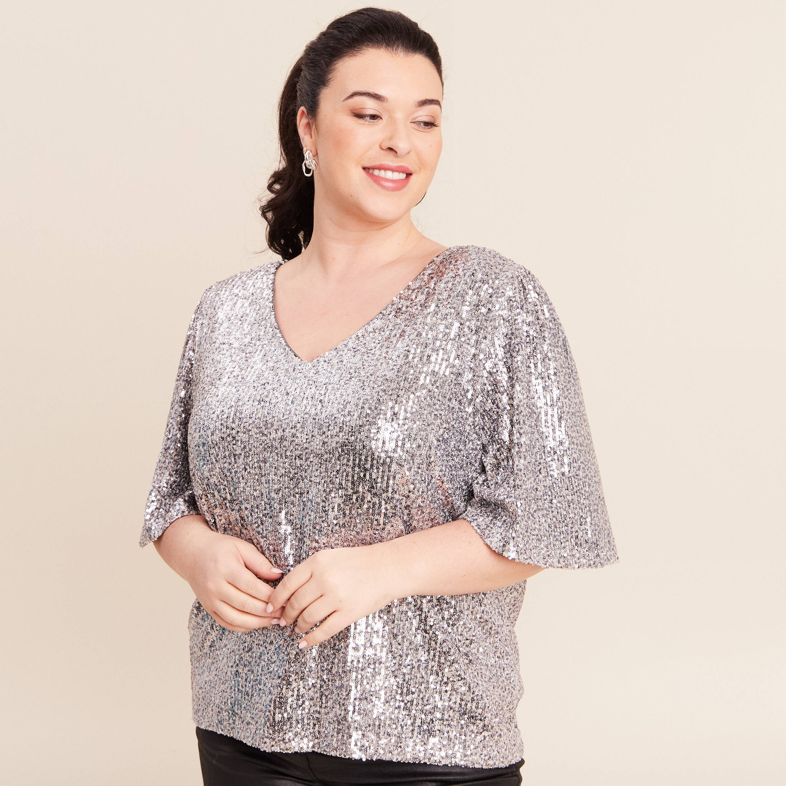 T-shirt &agrave; sequins manches coudes gris argent femme
