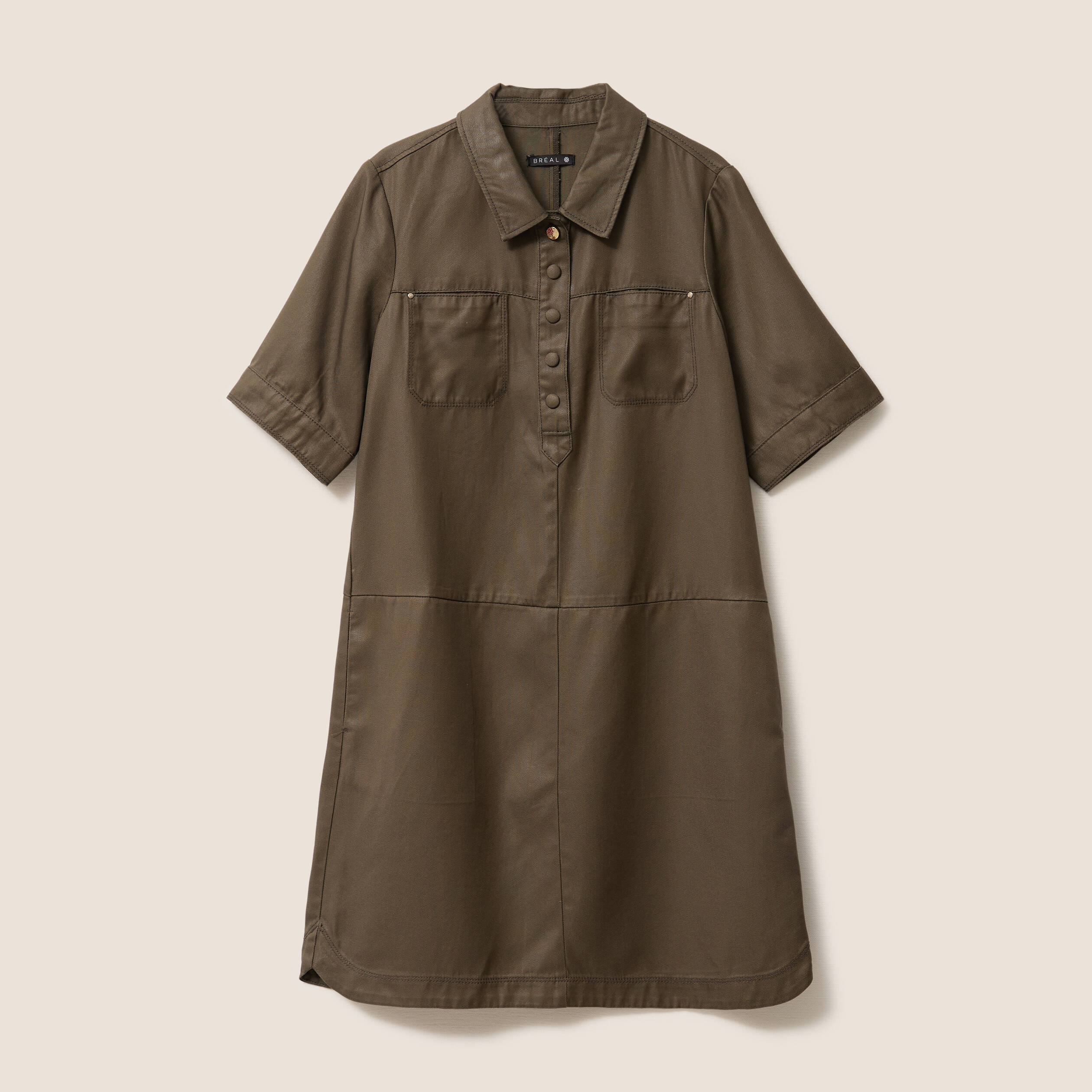 Robe droite courte enduite col chemise vert kaki femme