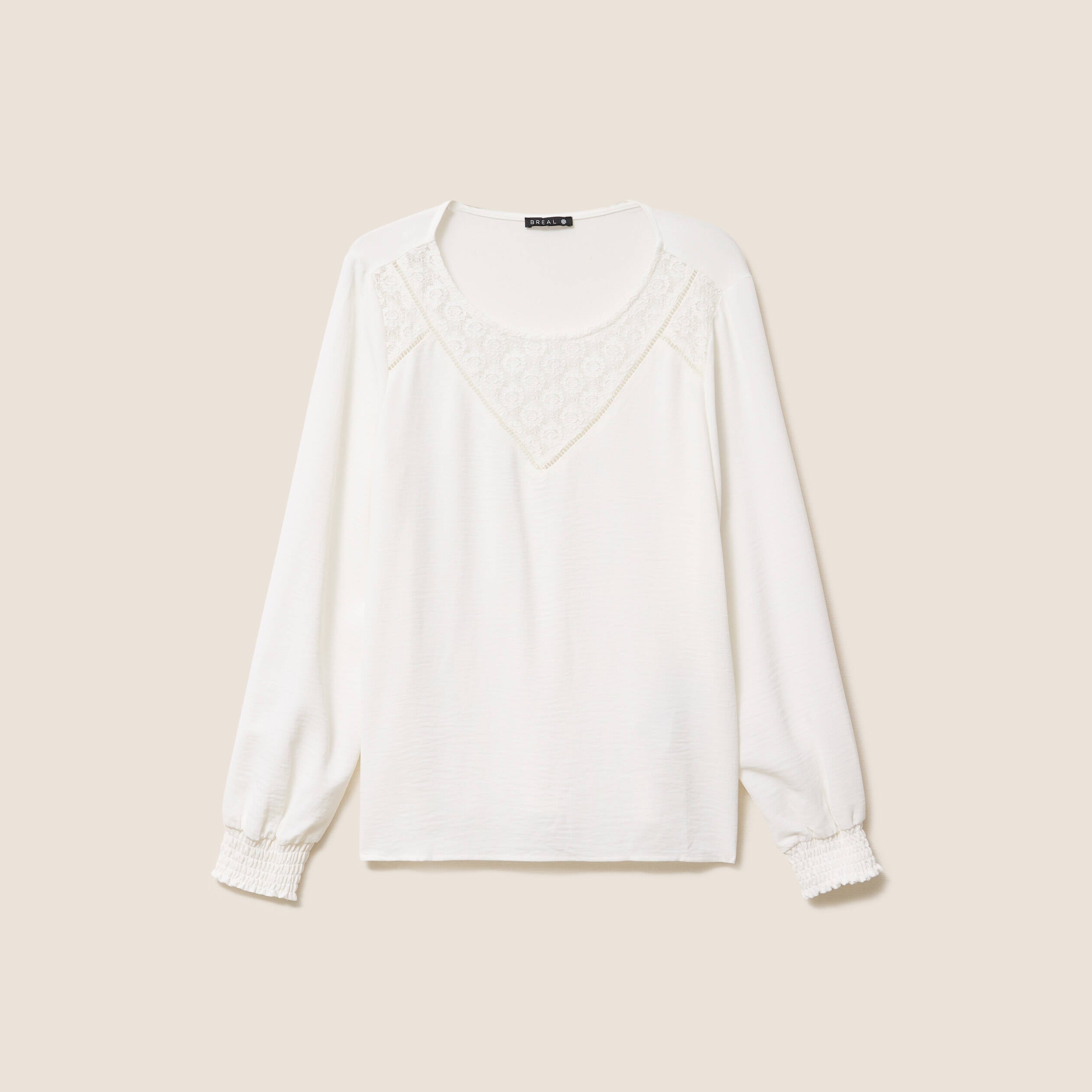 Blouse droite manches longues dentelle ecru femme