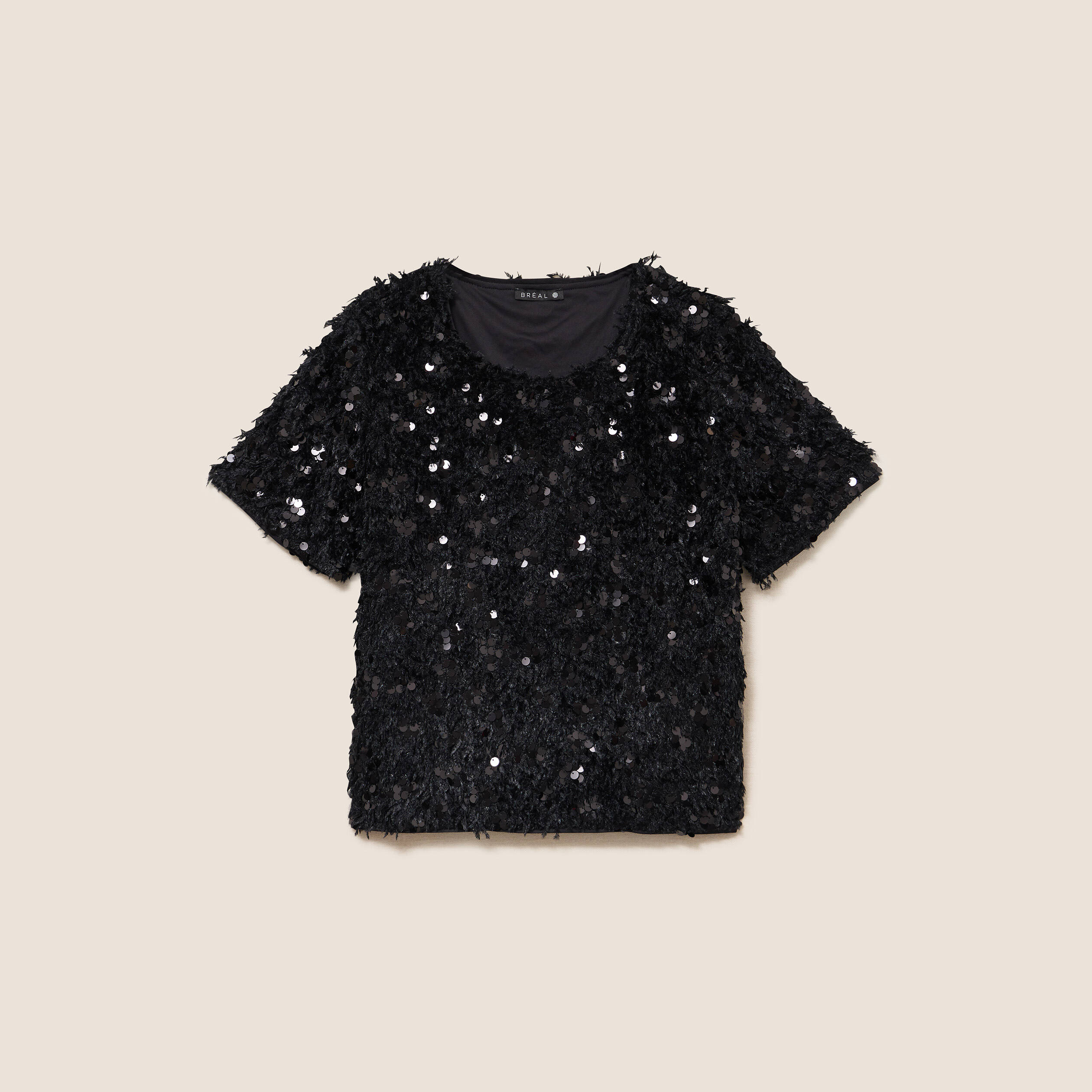 T-shirt &agrave; sequins manches courtes noir femme