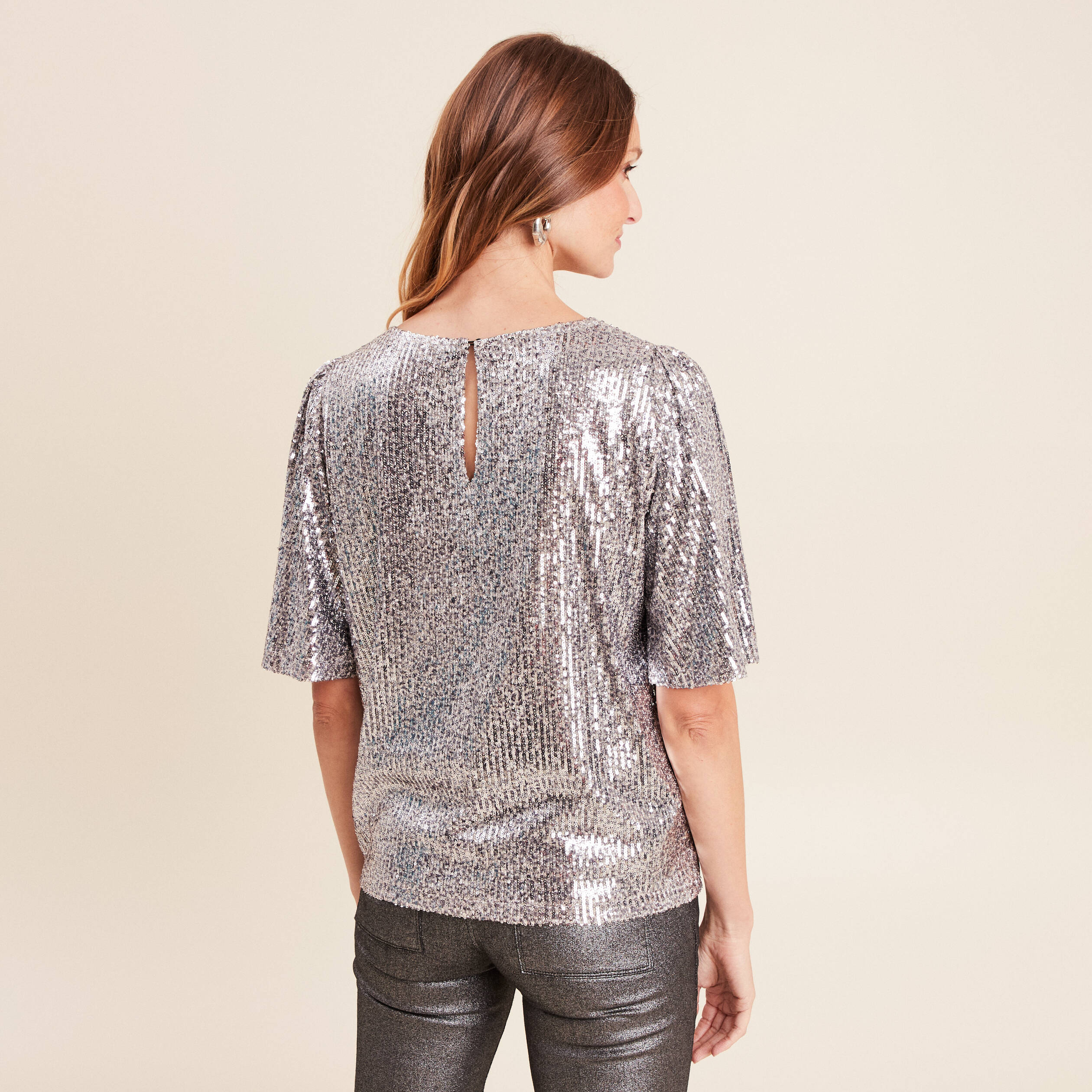 T-shirt &agrave; sequins manches coudes gris argent femme