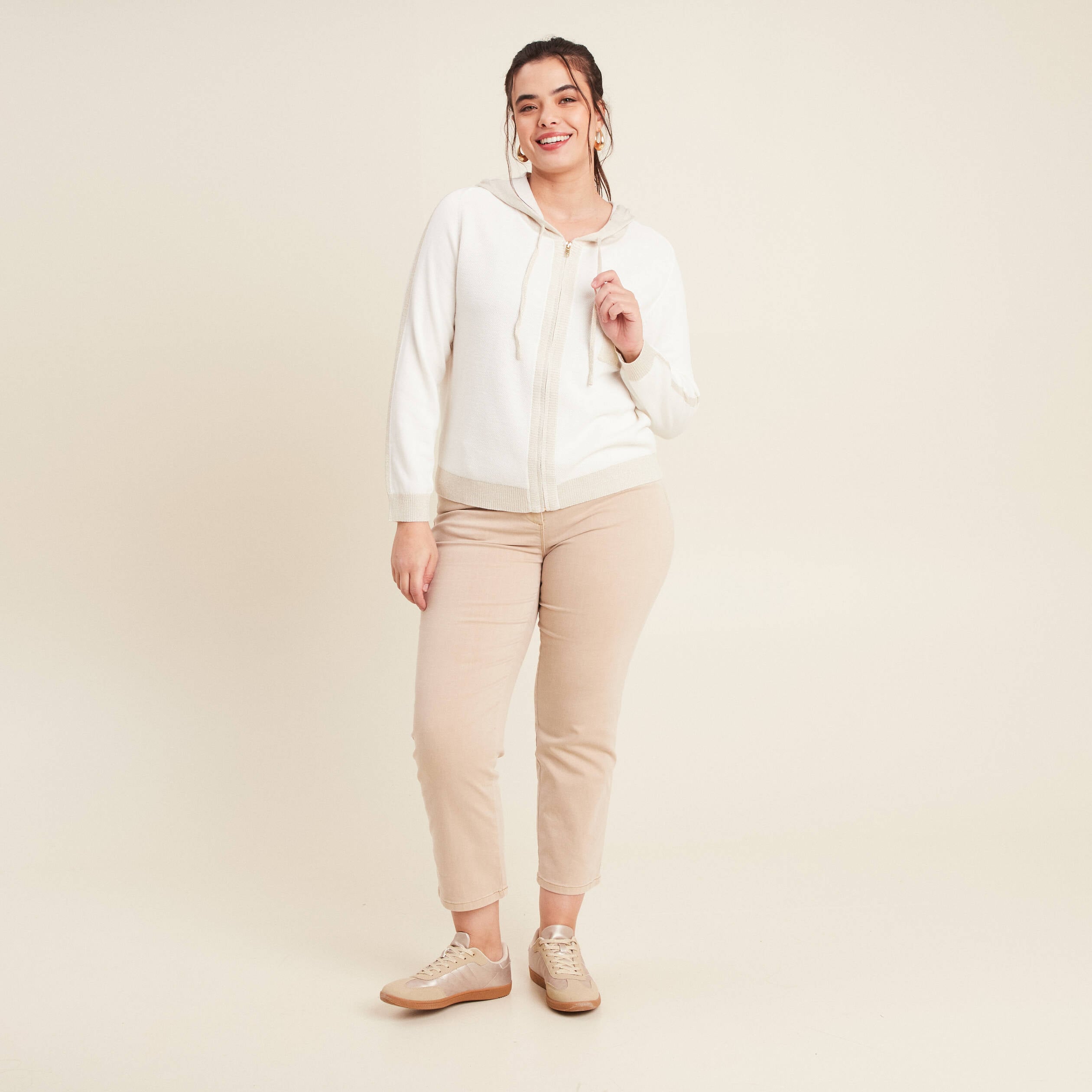 Sweat &agrave; capuche zipp&eacute; ecru femme