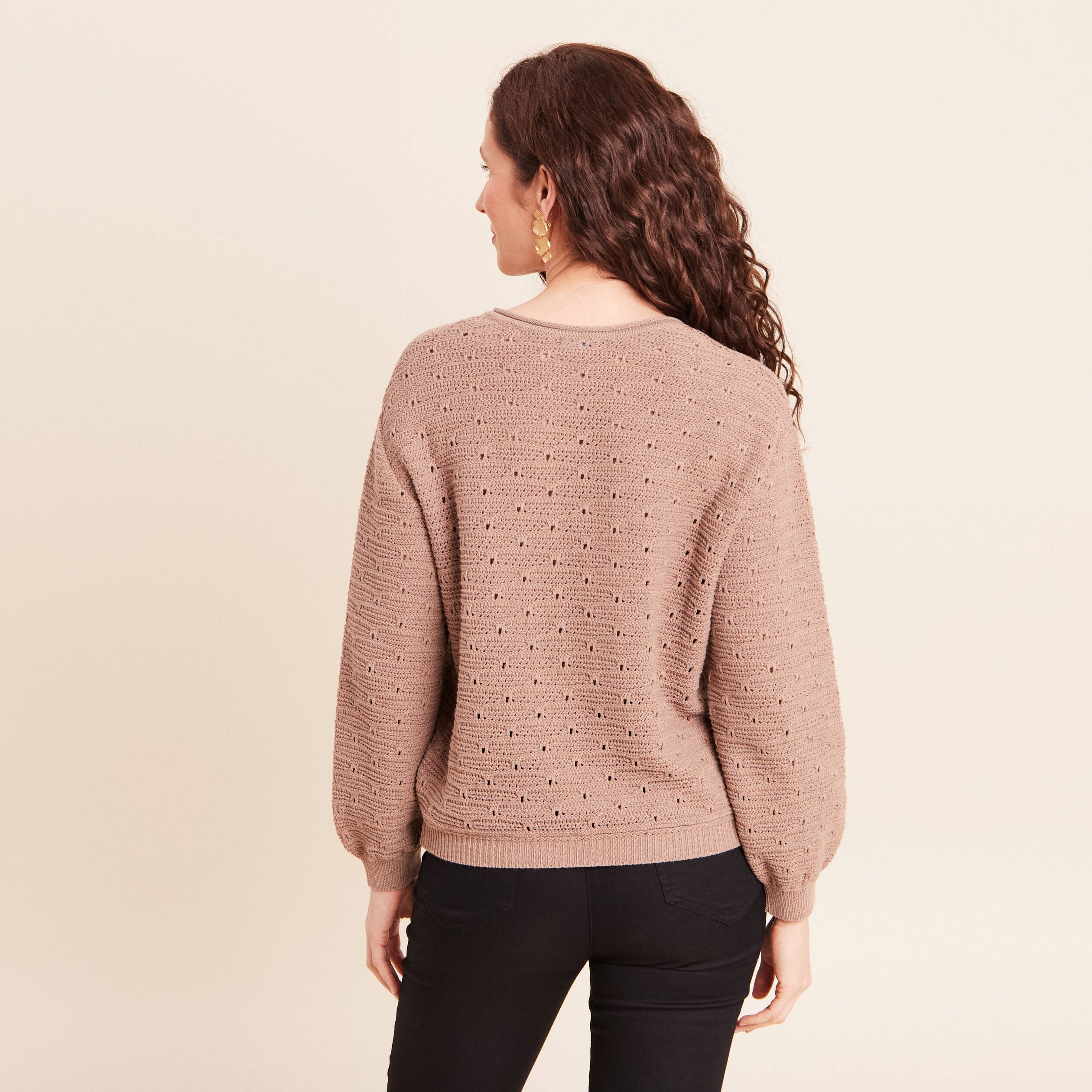Pull droit long col v manches longues sable femme