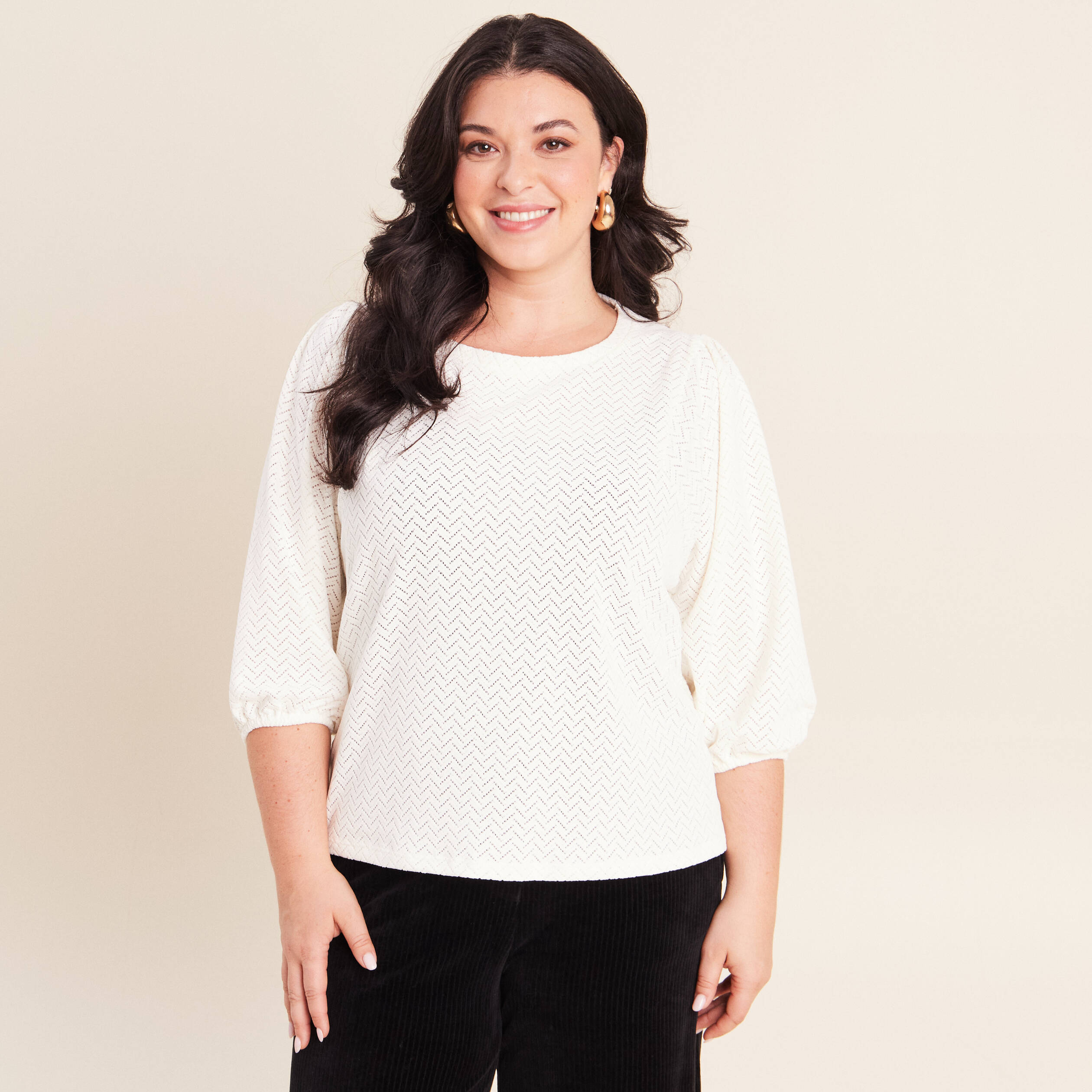 Blouse droite col rond manches 3/4 ecru femme