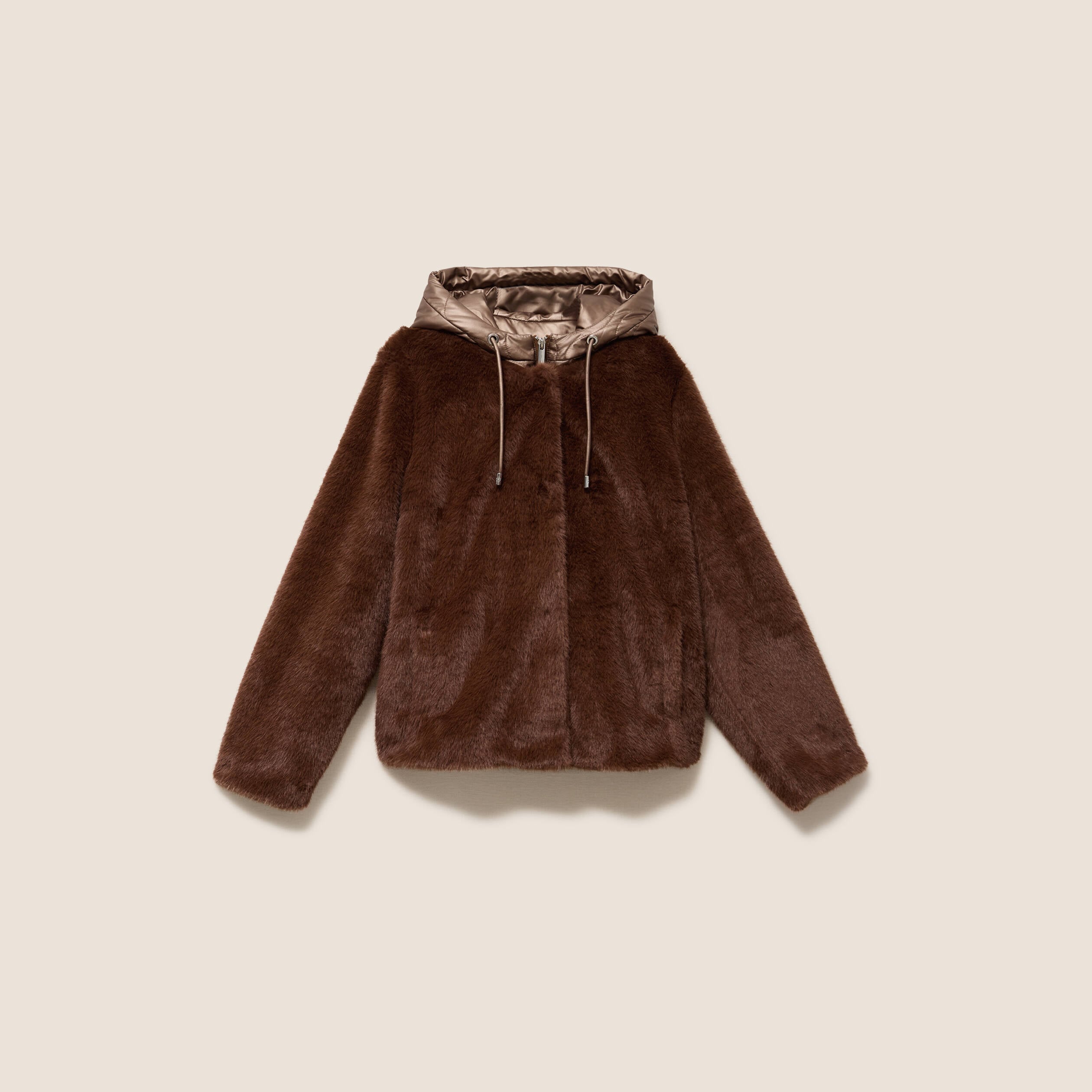 Manteau &agrave; capuche fausse fourrure marron fonc&eacute; femme