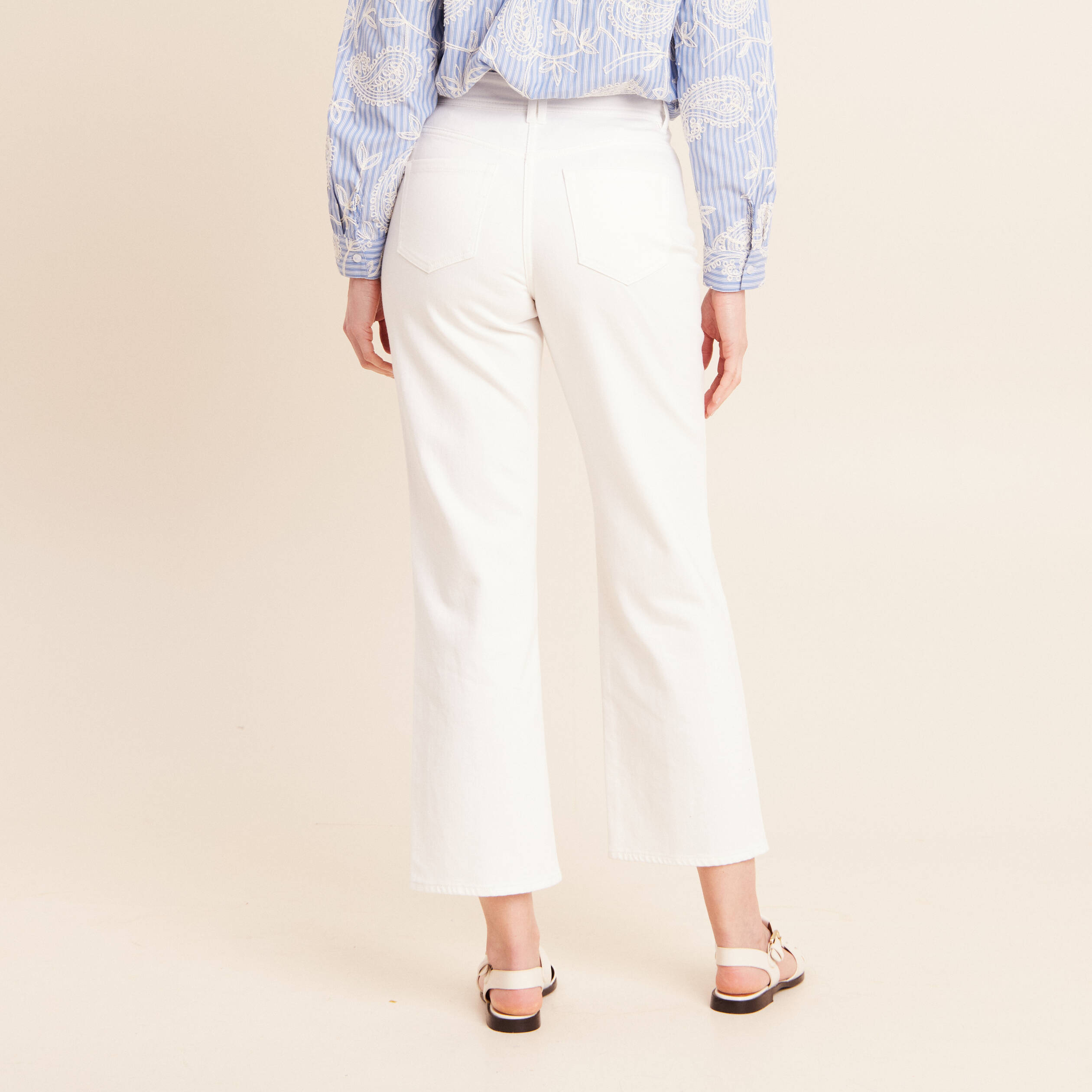 Jean coupe large 7/8&egrave;me taille haute blanc femme