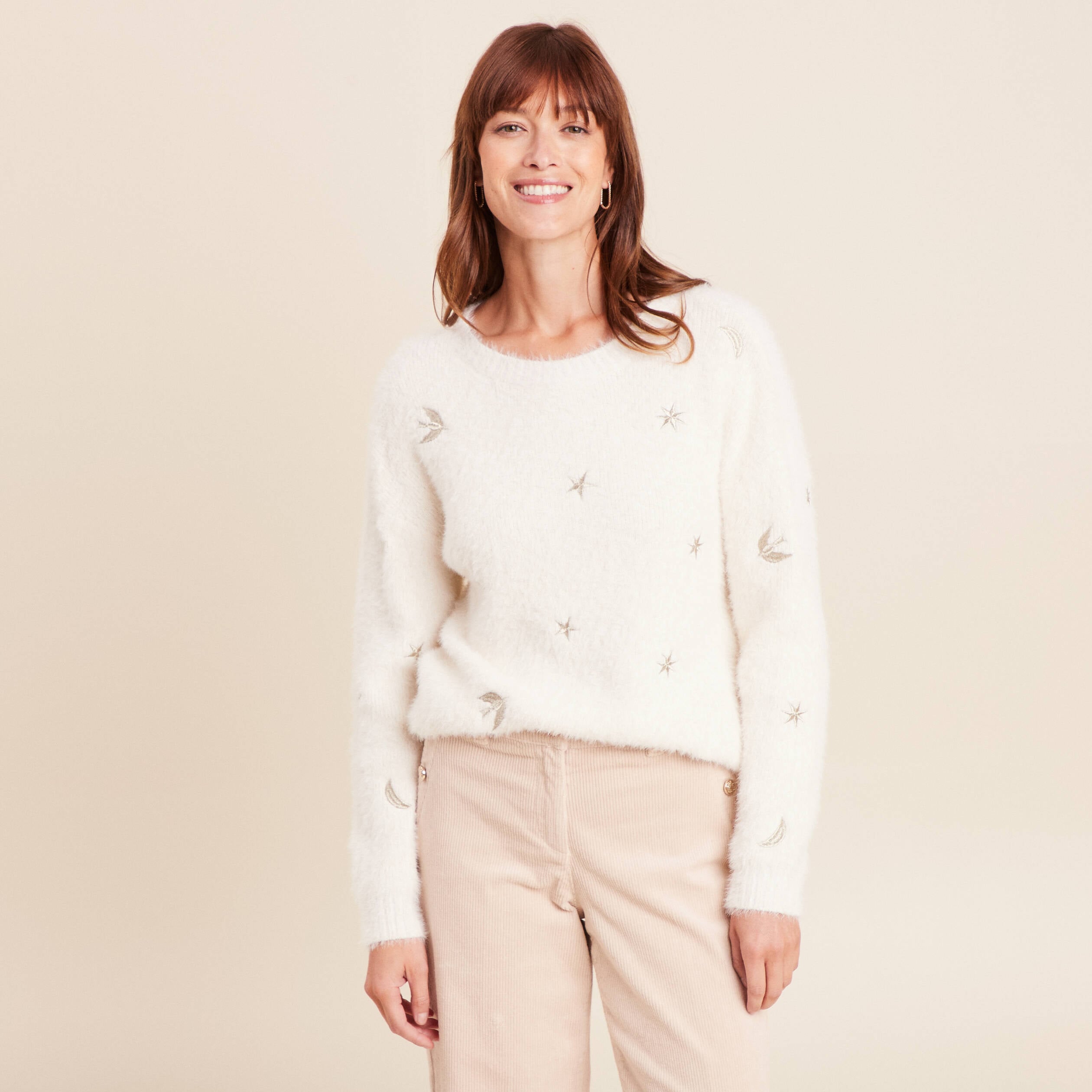 Pull brod&eacute; manches longues ecru femme