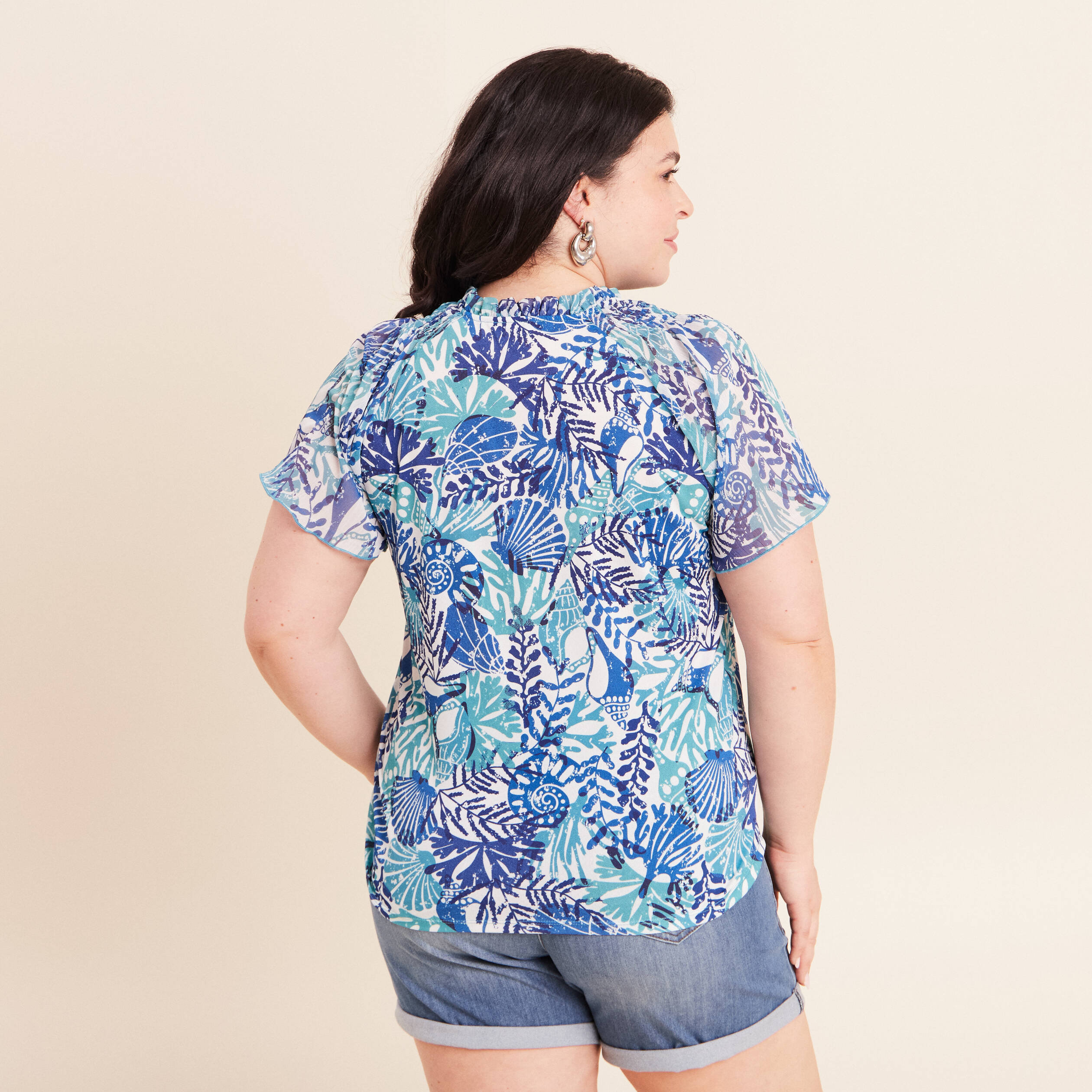 T-shirt col tunisien manches courtes bleu femme