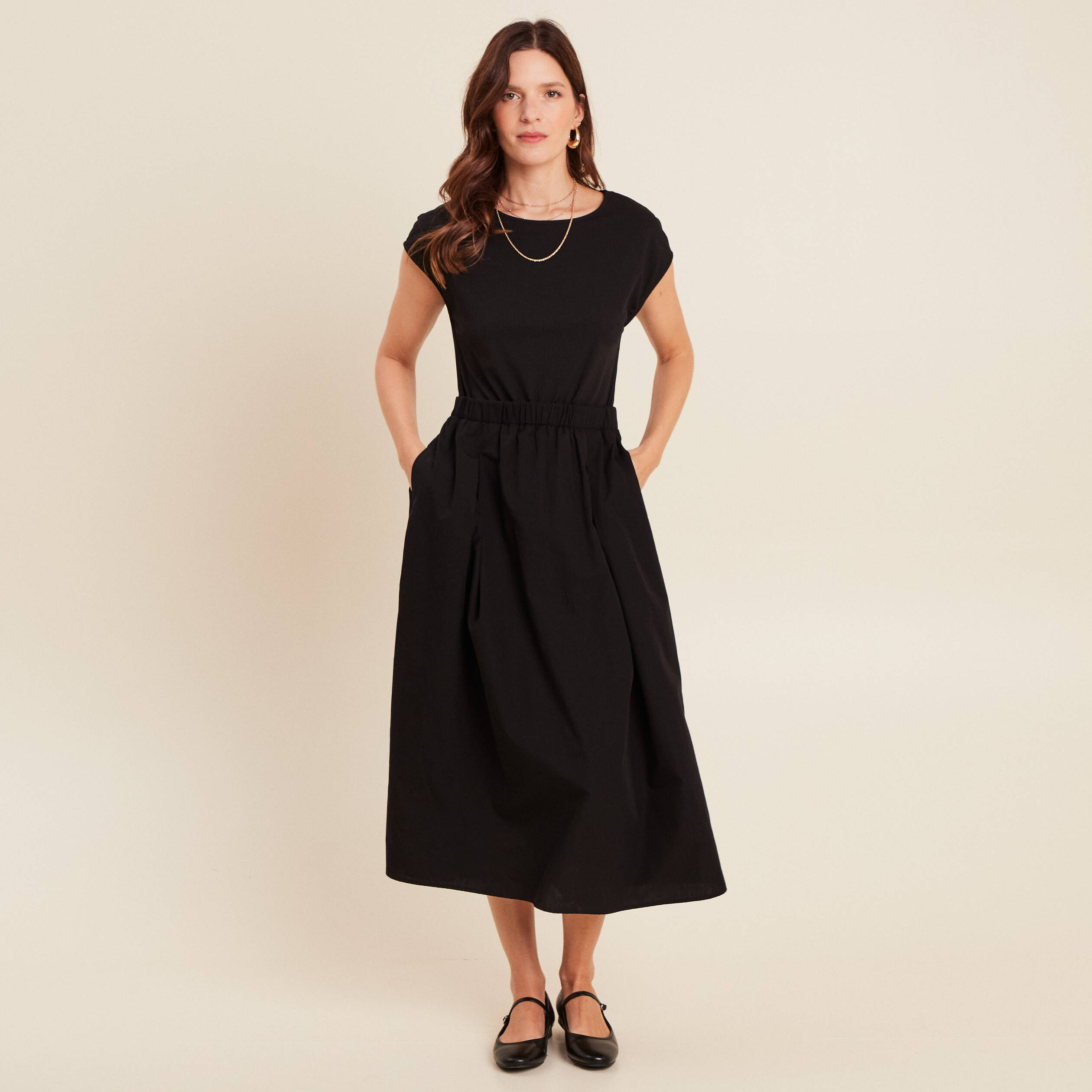 robe longue evasee bi matiere noir femme Robe longue évasée bi-matière noir femme