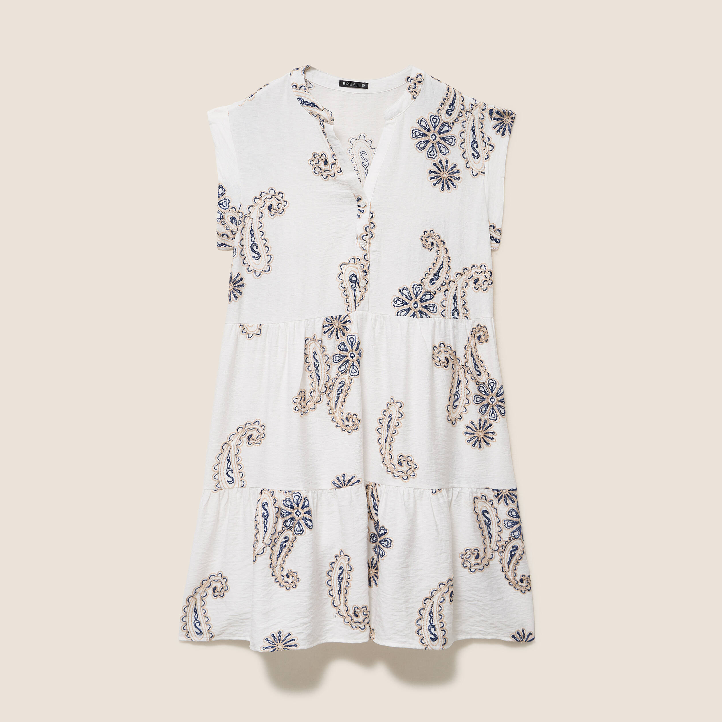 Robe courte &eacute;vas&eacute;e col tunisien brod&eacute;e bleu femme