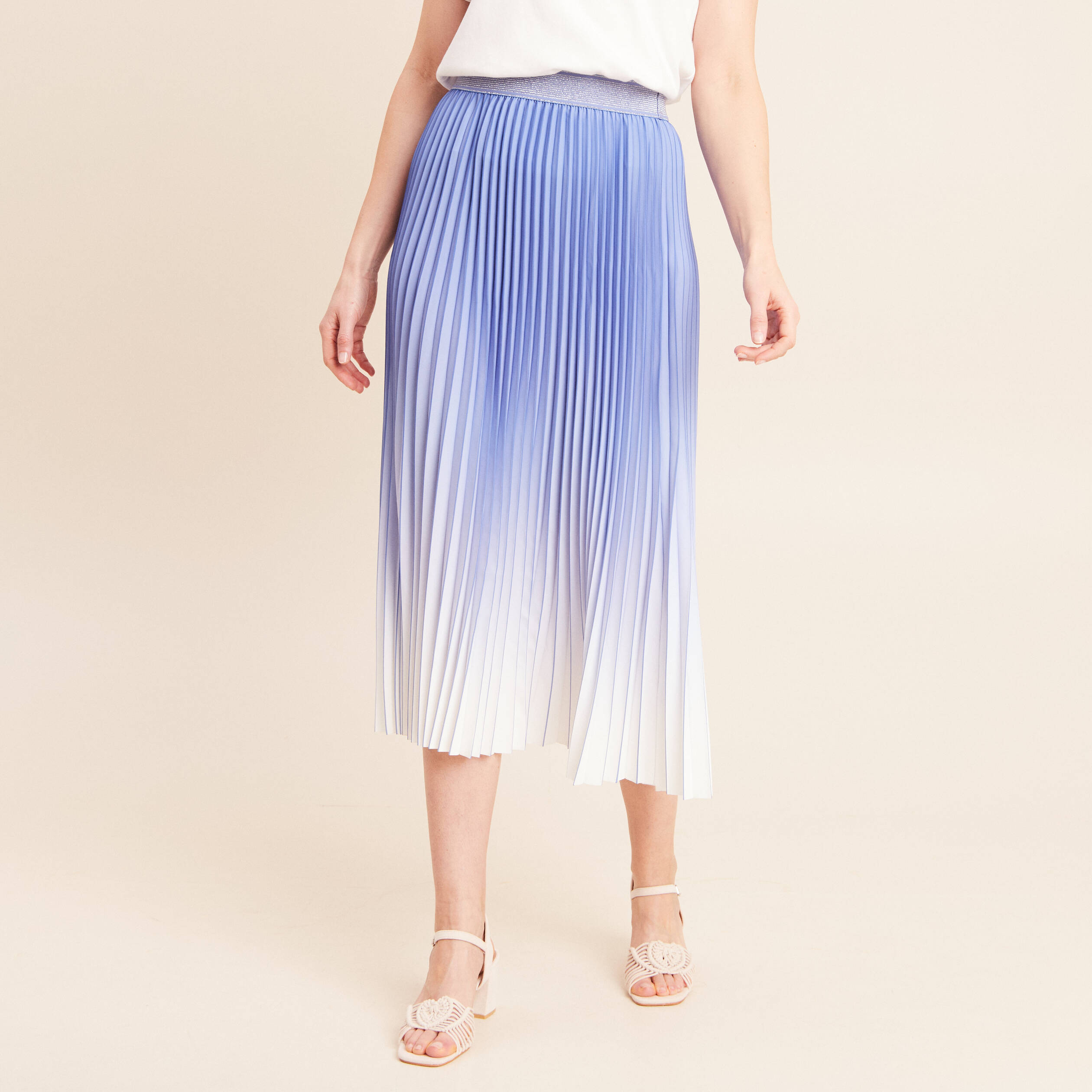Jupe midi patineuse pliss&eacute;e bleu femme