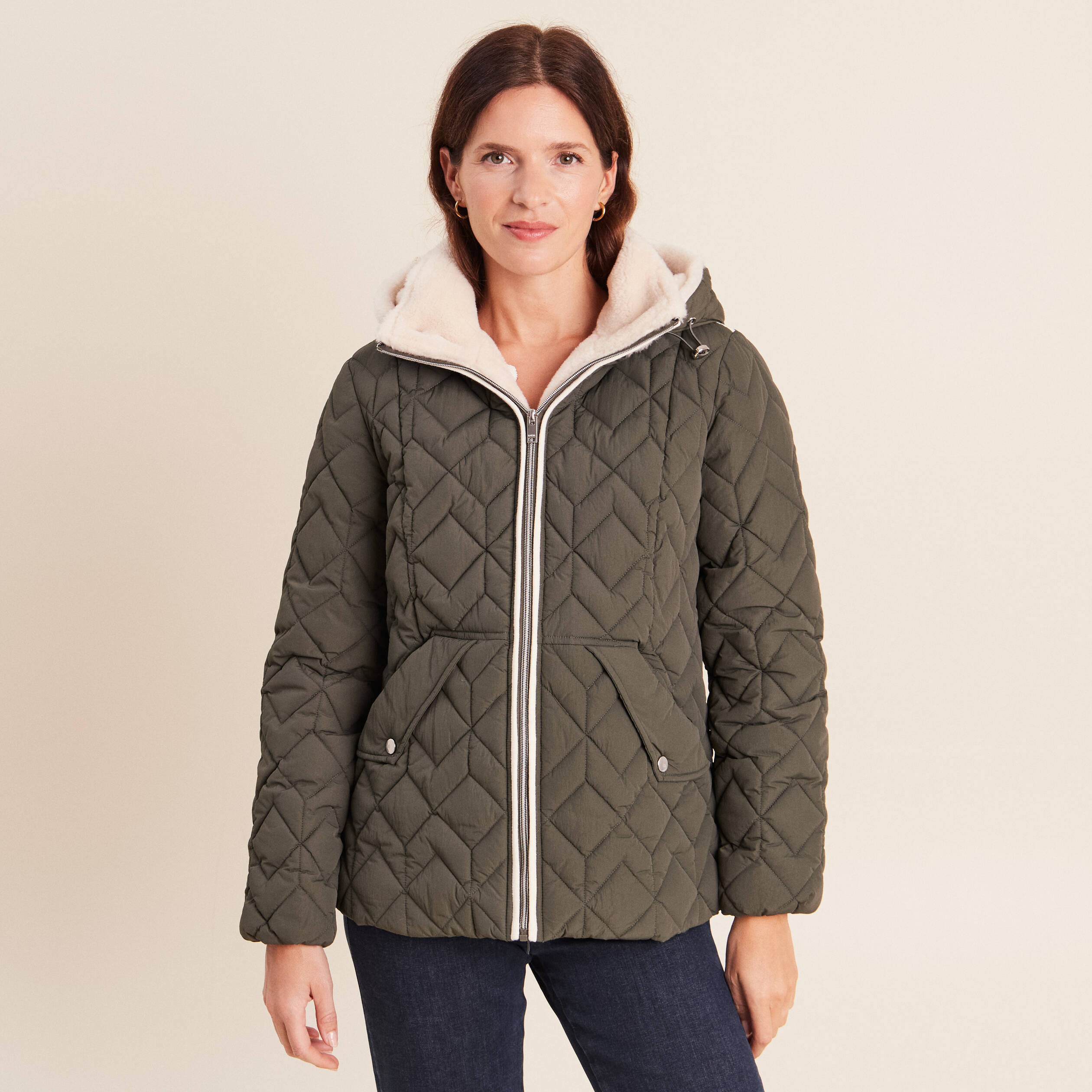 Doudoune doubl&eacute;e avec capuche vert kaki femme