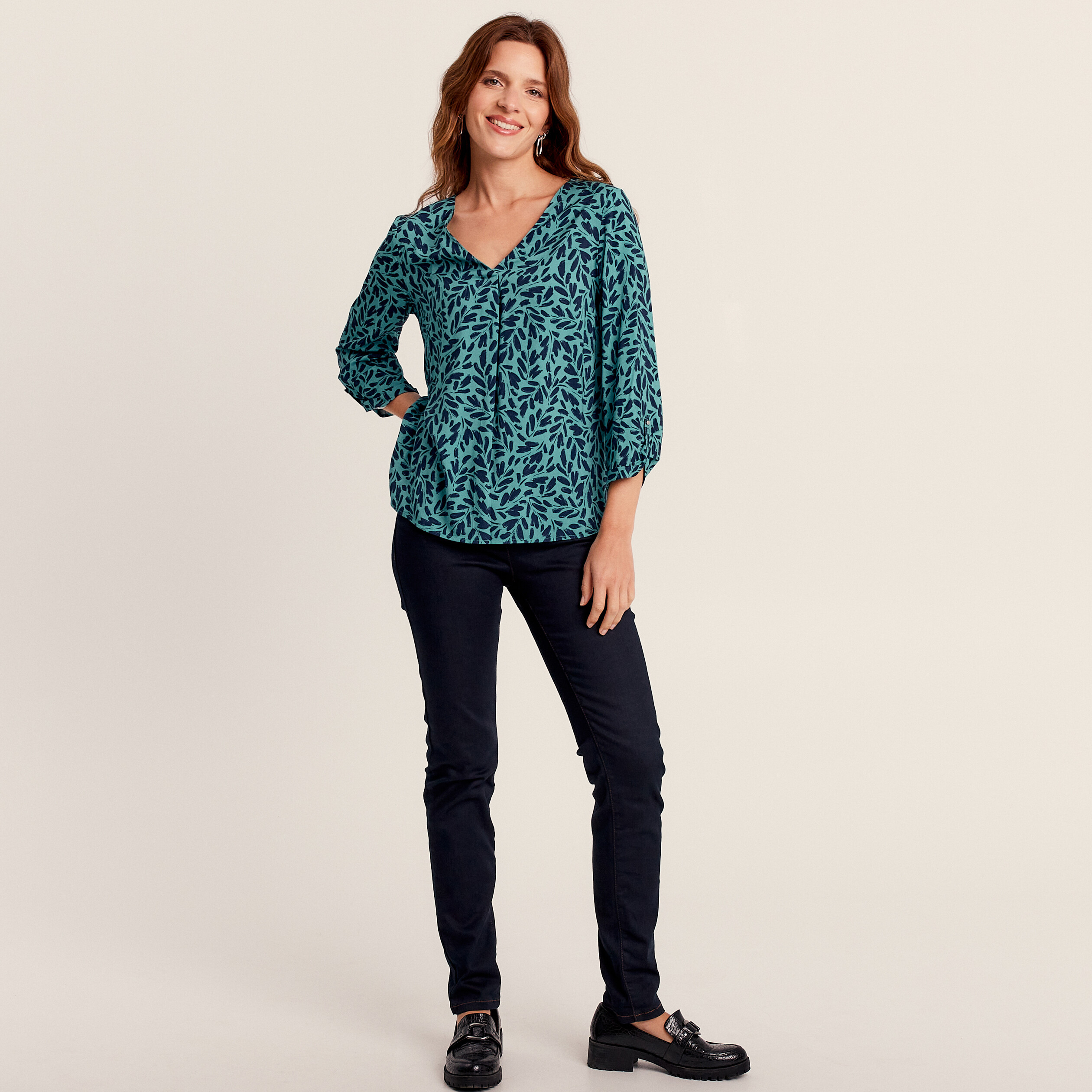 Blouse manches 3/4 bleu canard femme