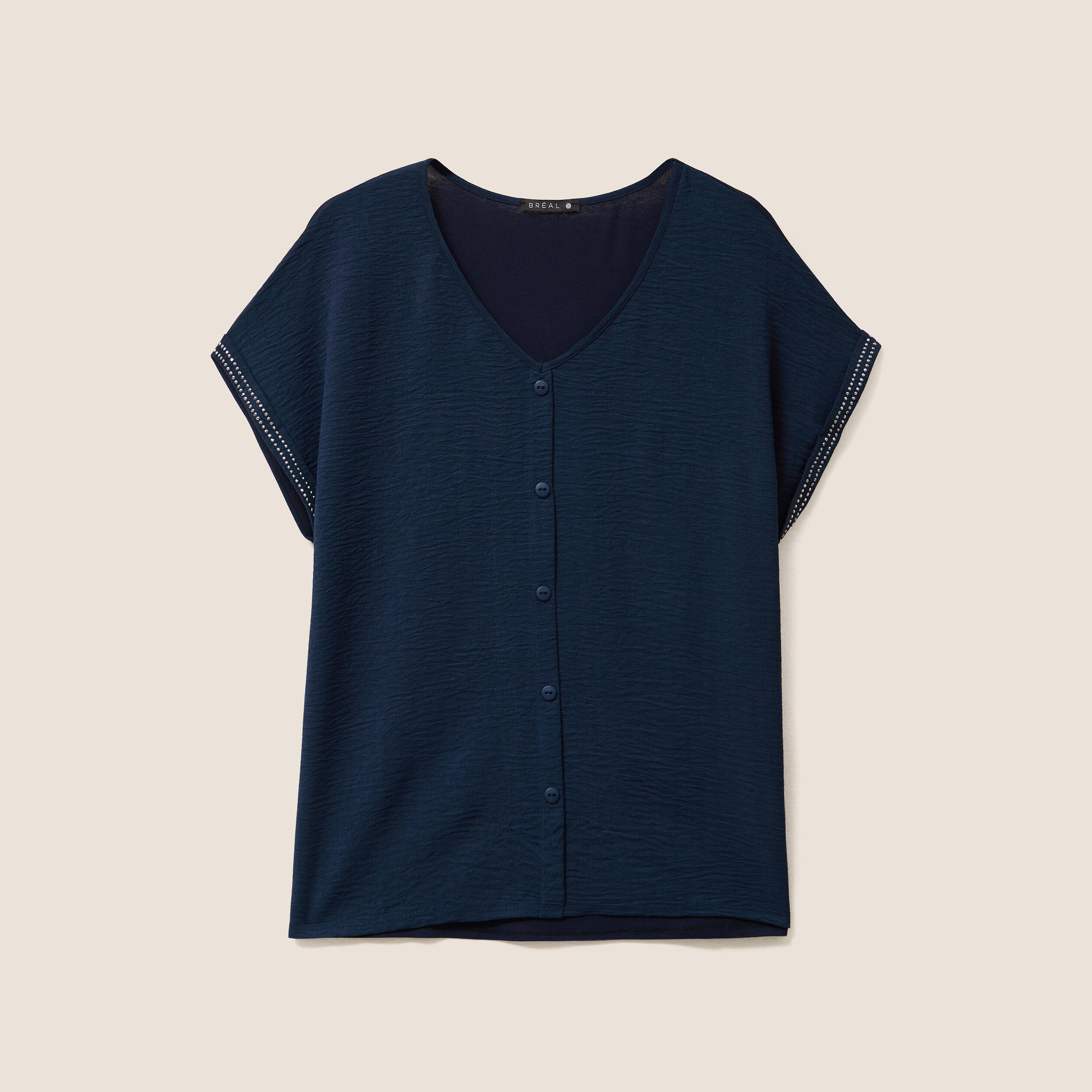 blouse col v manches courtes bleu fonce femme Blouse col v manches courtes bleu foncé femme