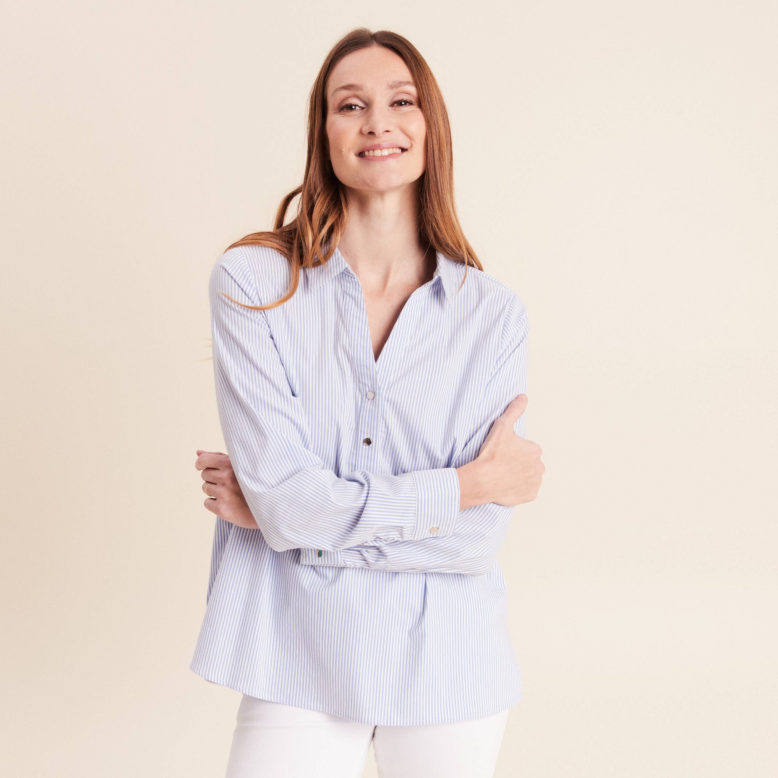 Blouse ample col chemise manches longues bleu femme