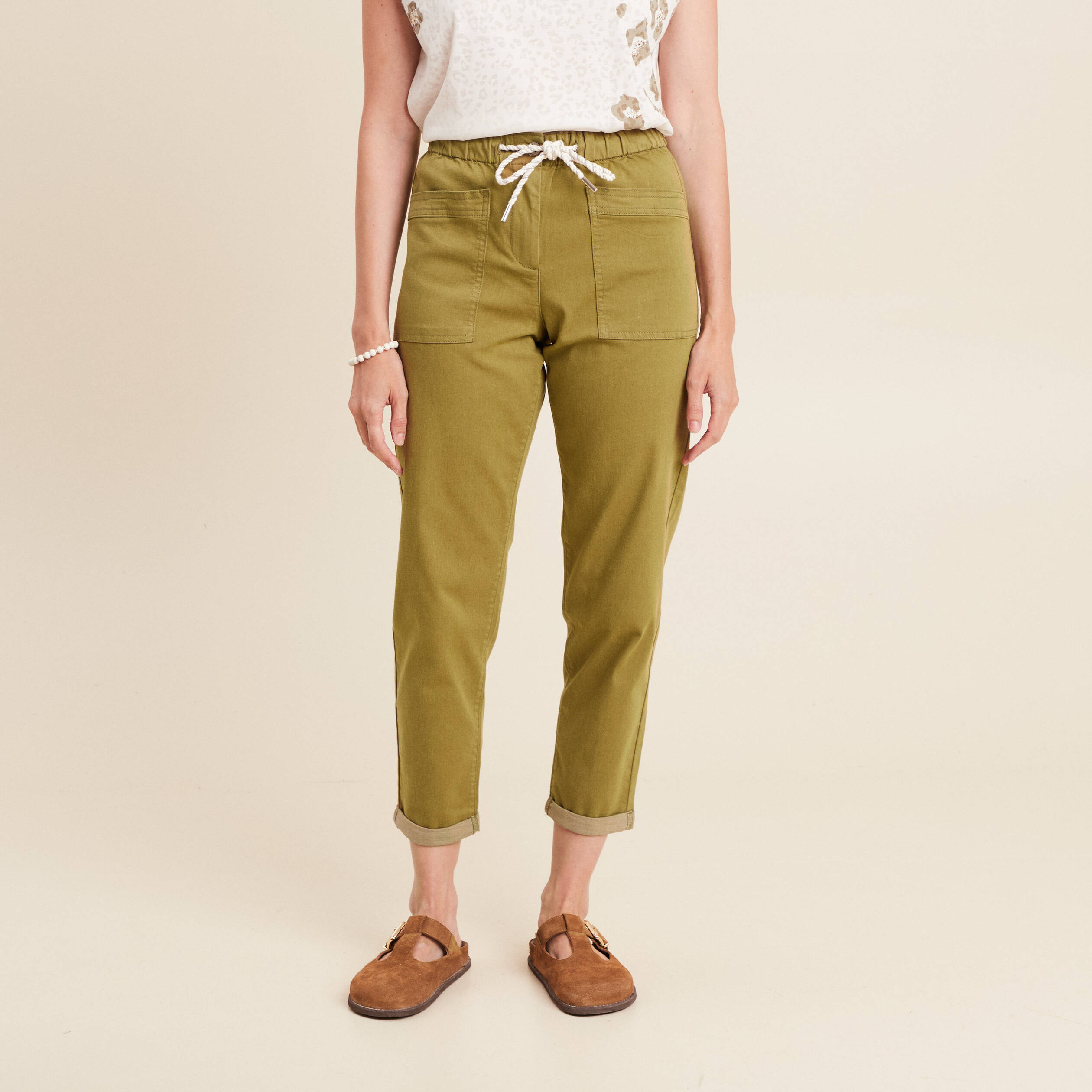 Pantalon coupe mom 7/8&egrave;me vert kaki femme