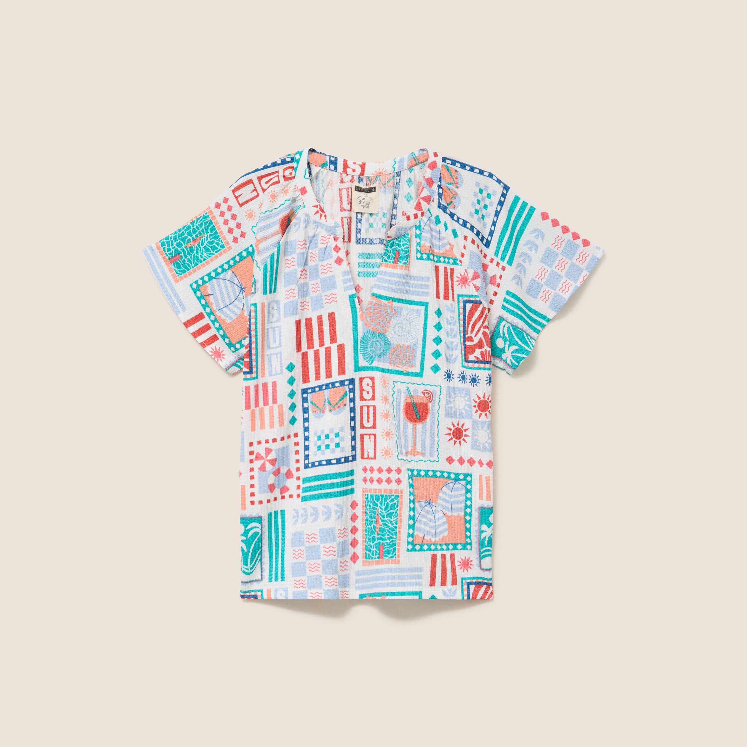 Blouse col tunisien manches courtes bleu femme